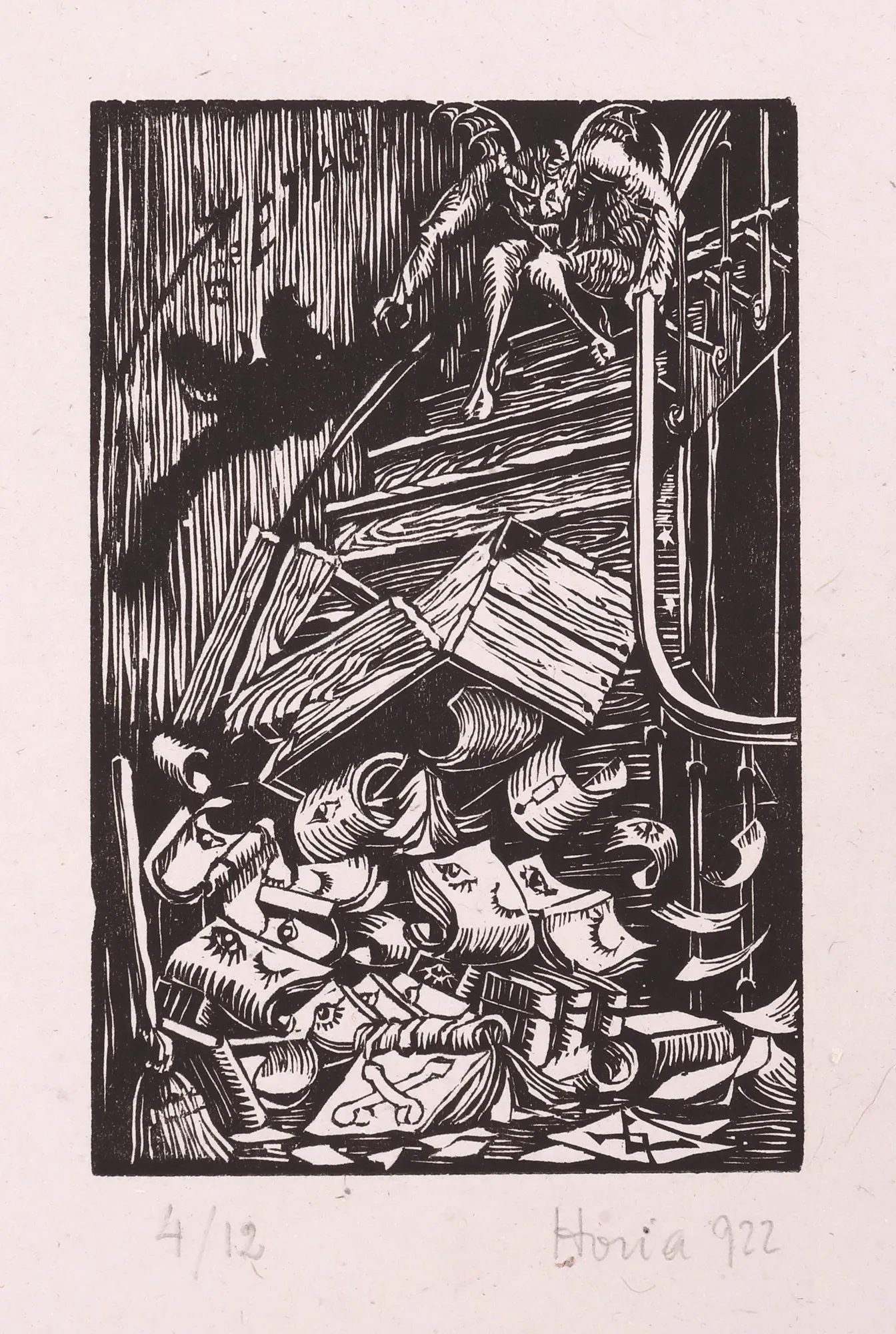 Xilogravură satirică ”Sfinției sale Papa Hagi-Filologul”, autor Horia Teodoru (1894-1976), exemplar 4/10 1922, semnată în creion Horia/922