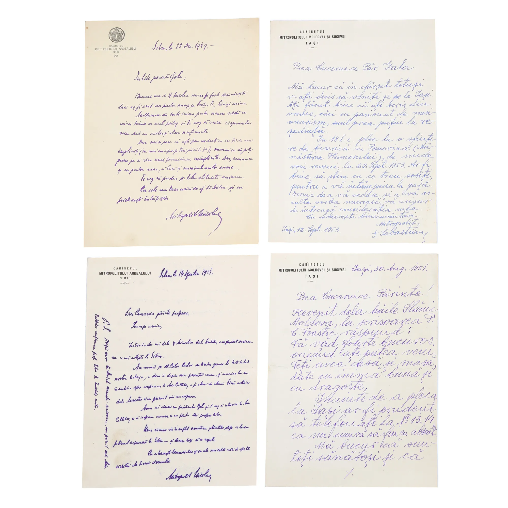 Lot format din patru scrisori trimise Părintelui Gala Galaction de către Mitropolitul Moldovei și Sucevei și de către Mitropolitul Ardealului, 1949-1953, provin din colecția istorică Șerban Țuculescu-Maria Galaction