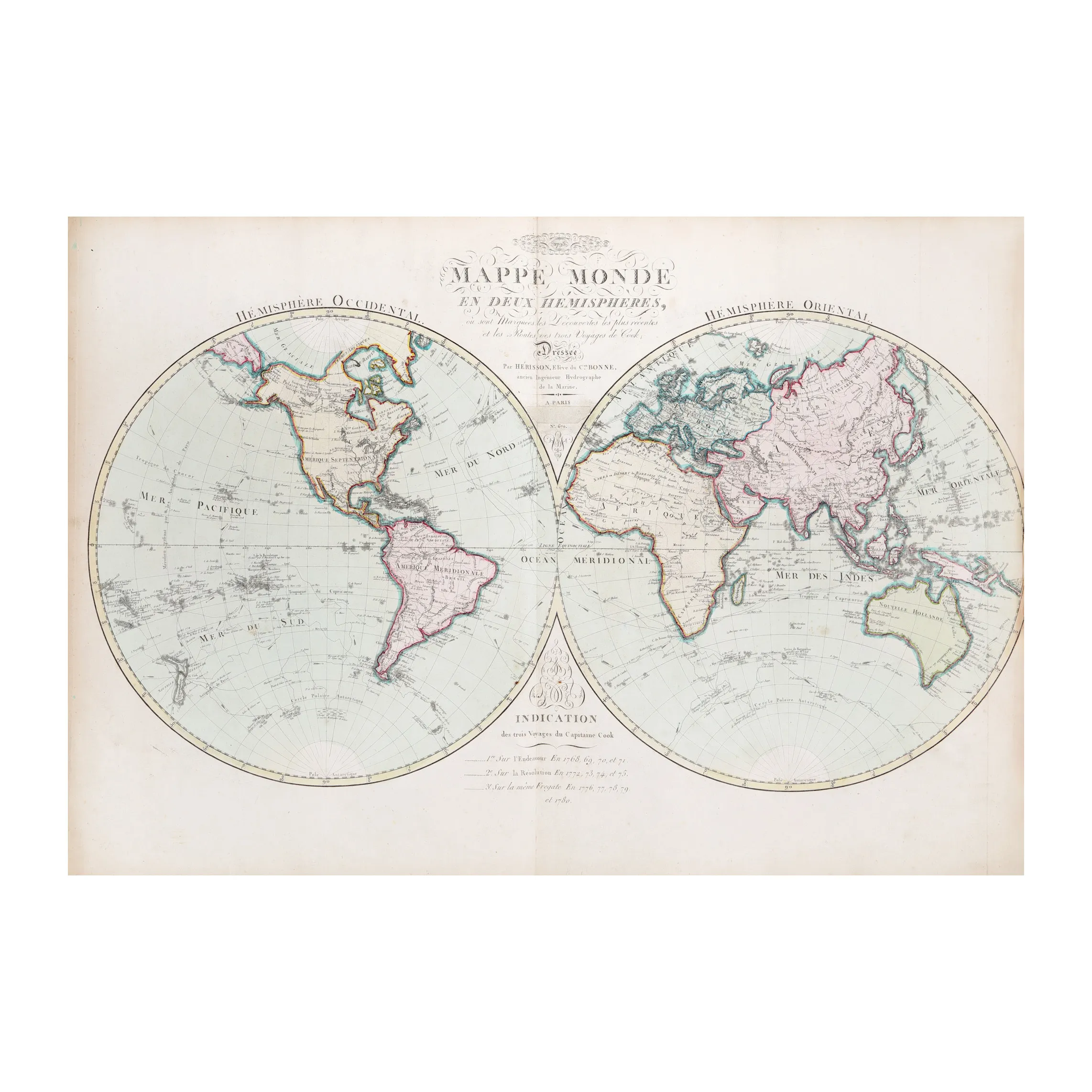 Map "The world map with the two hemispheres and the latest discoveries", by Hérisson Eustache, Paris, 1795