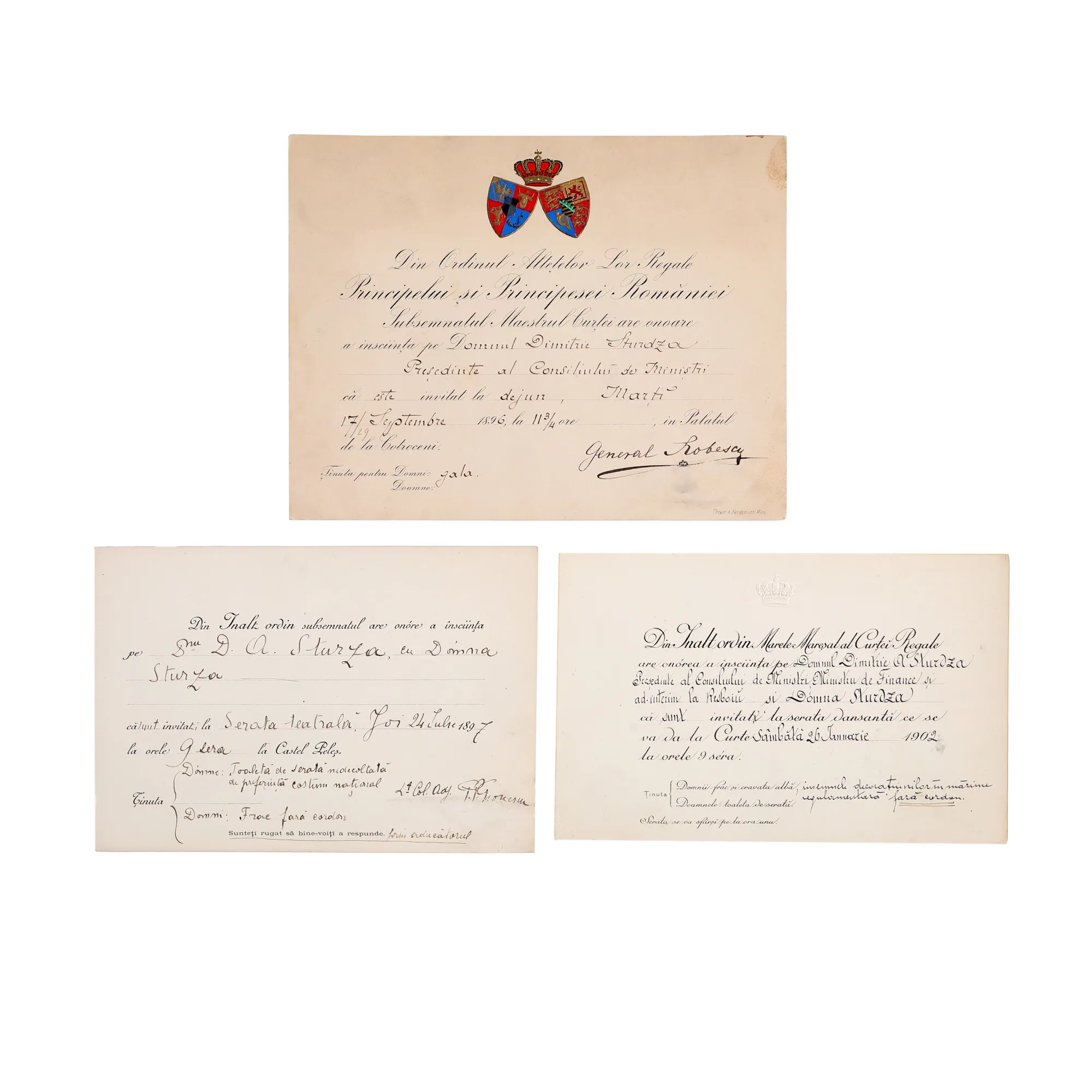 Lot consisting of three invitations addressed to Dimitrie A. Sturdza from the Royal House of Romania, dated 1896, 1897 and 1902