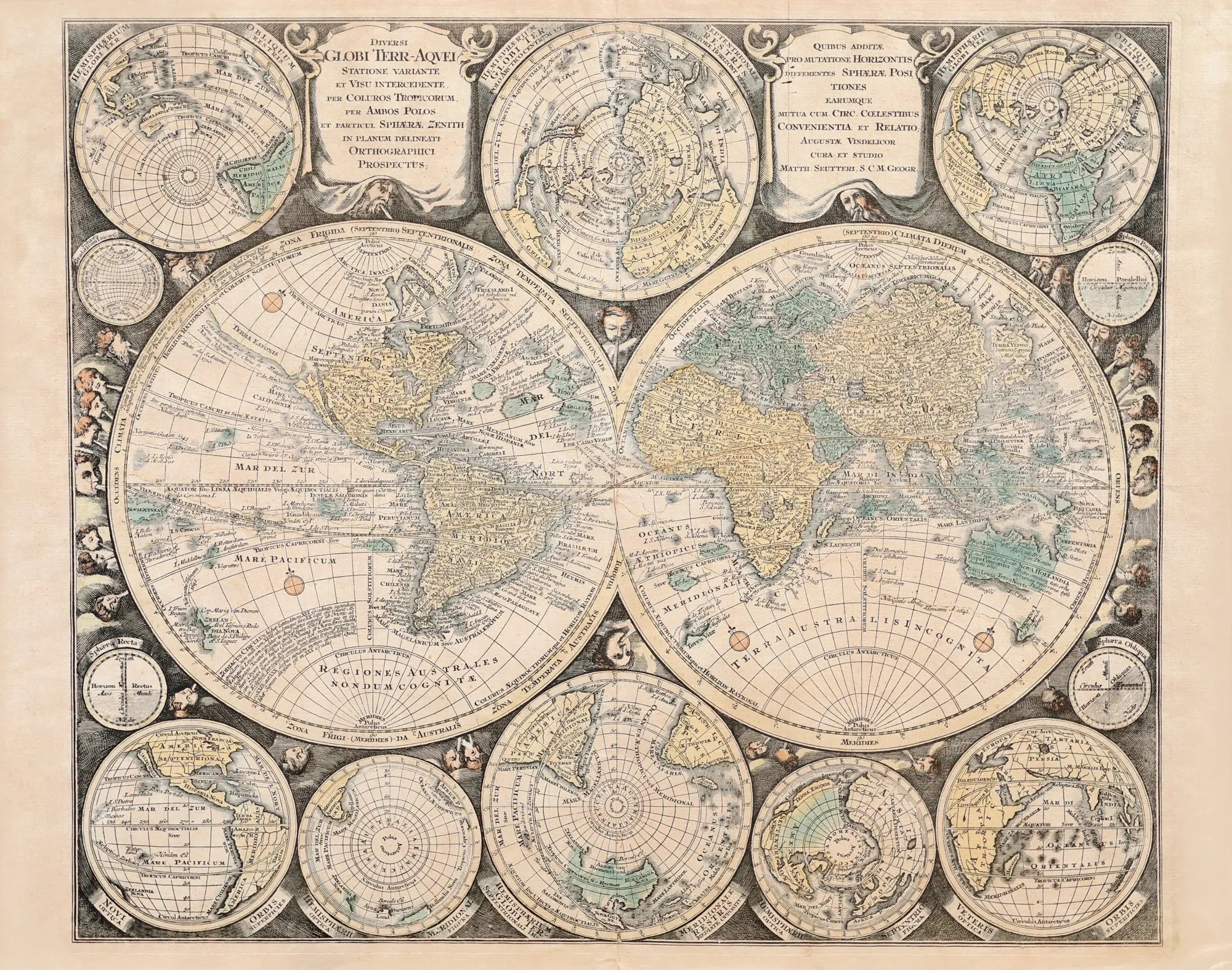 World Map (planiglobe) by Matthaus Seutter, Augsberg, circa 1741