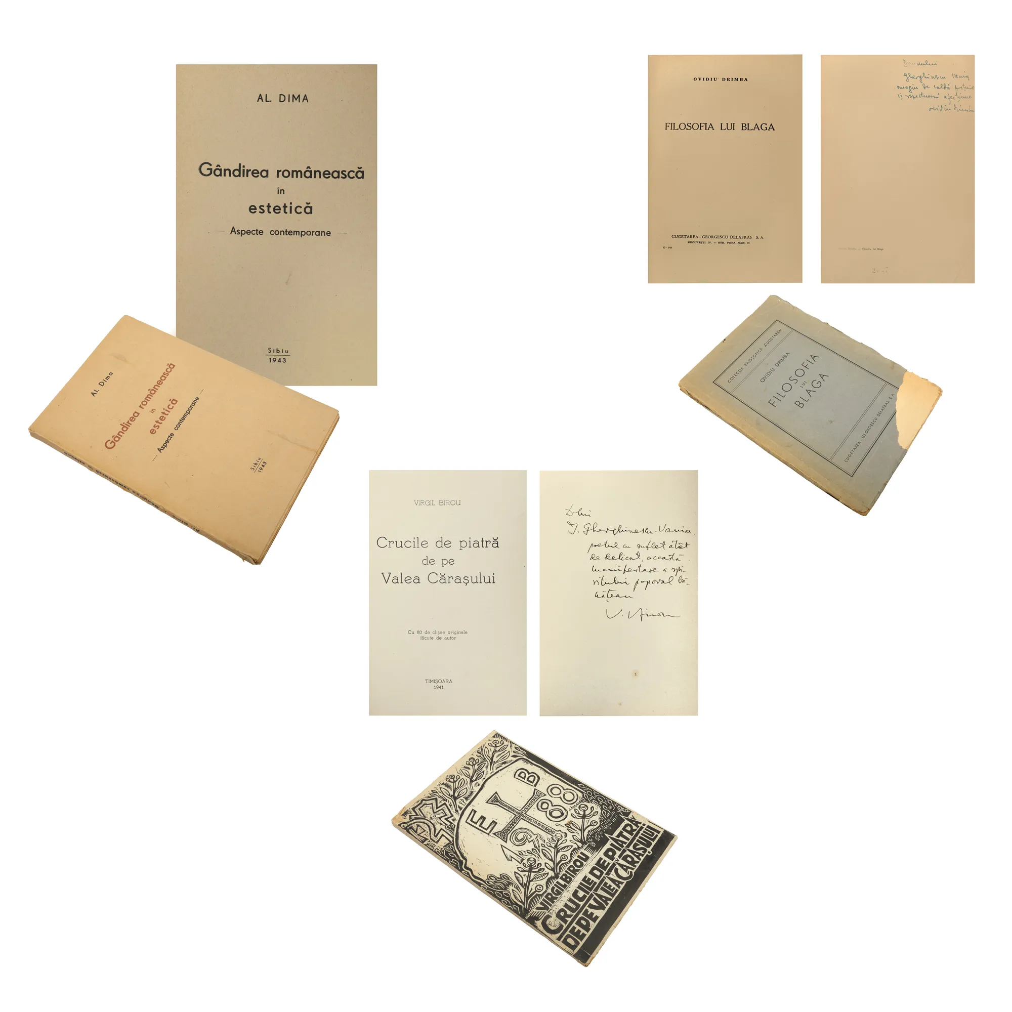Lot format din ”Filosofia lui Blaga”, de Ovidiu Drîmba, București, 1944, ”Gândirea românească în estetică”, de Alexandru Dima, Sibiu, 1943 (exemplar netăiat), ”Crucile de piatră de pe Valea Cărașului”, de Virgil Birou, Timișoara, 1941, cu dedicația și semnătura olografă a autorului, provin din colecția scriitorului Vania Gherghinescu