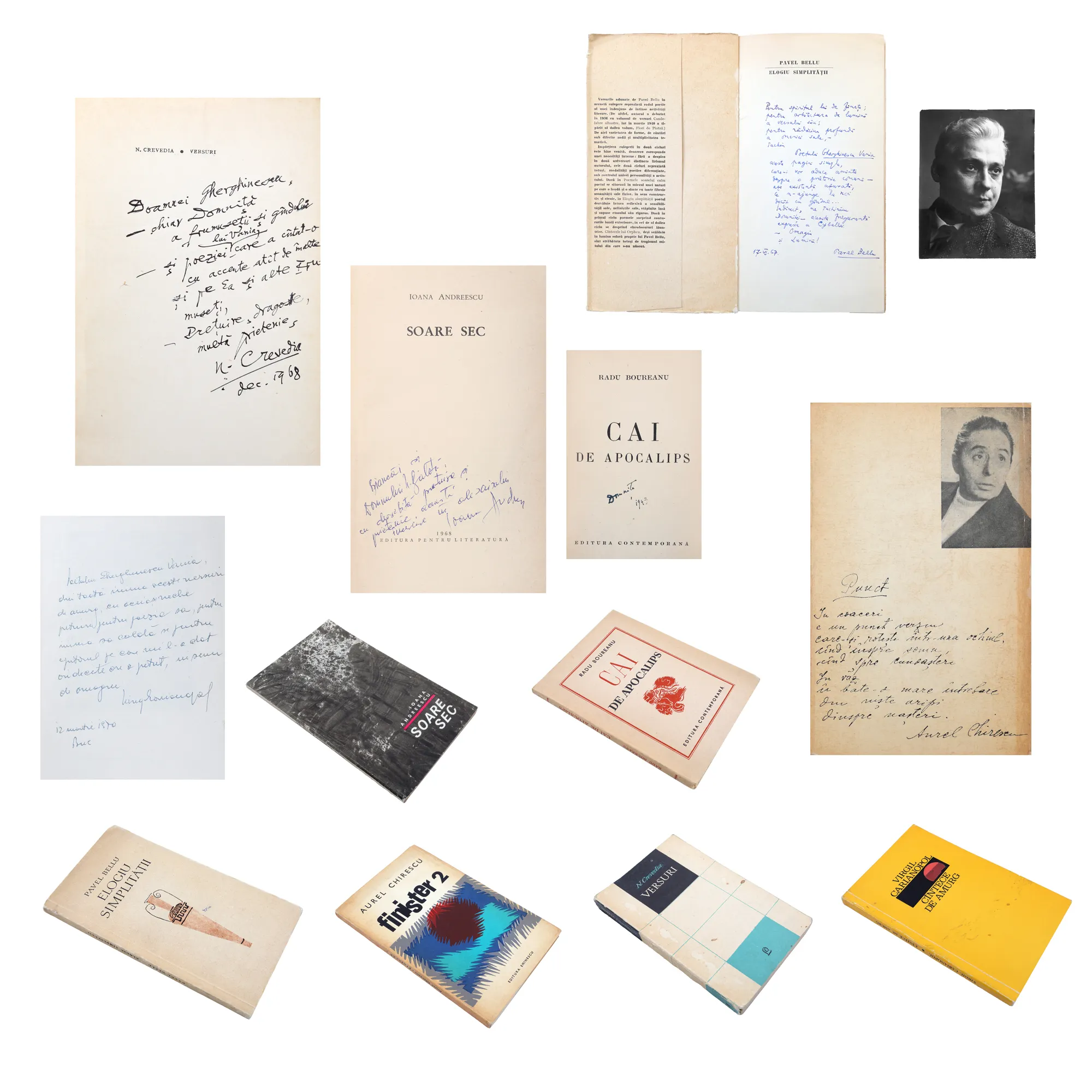 Lot consisting of "Praise of Simplicity", by Pavel Bellu, Bucharest, 1967, with the dedication "...for the architecture of light of his verse..." and the holograph signature of this one, together with a photograph illustrating the author, "Dusk Songs", by Virgil Carianopol, with the dedication and holograph signature of the author, "Finister 2", by Aurel Chirescu, Bucharest, 1970, with the dedication and holograph signature of the author, "Horses of Apocalypse", by Radu Boureanu,  princeps edition, 1942, with ex-libris, "Dry Sun", by Ioana Andreescu, Bucharest, 1968, with the author's dedication, and "Verses", by Nicolae Crevedia, Bucharest, 1968, with the author's dedication, come from the collection of the writer Vania Gherghinescu.