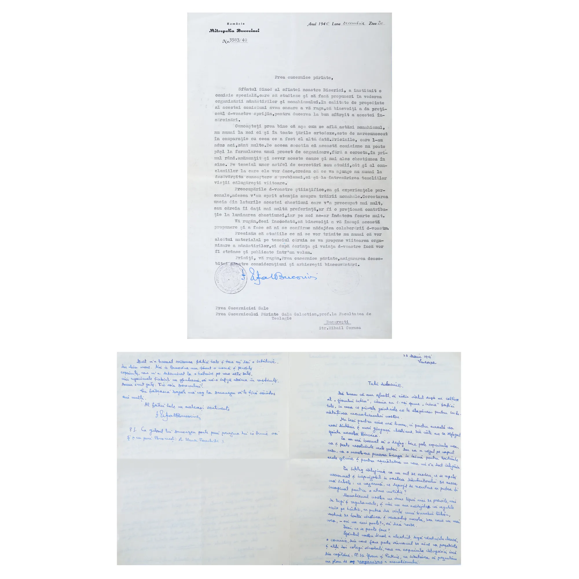 Lot composed of two correspondences written on behalf of the Metropolitan of Bucovina to Gala Galaction, originating from the historical collection of Serban Tuculescu-Maria Galaction.