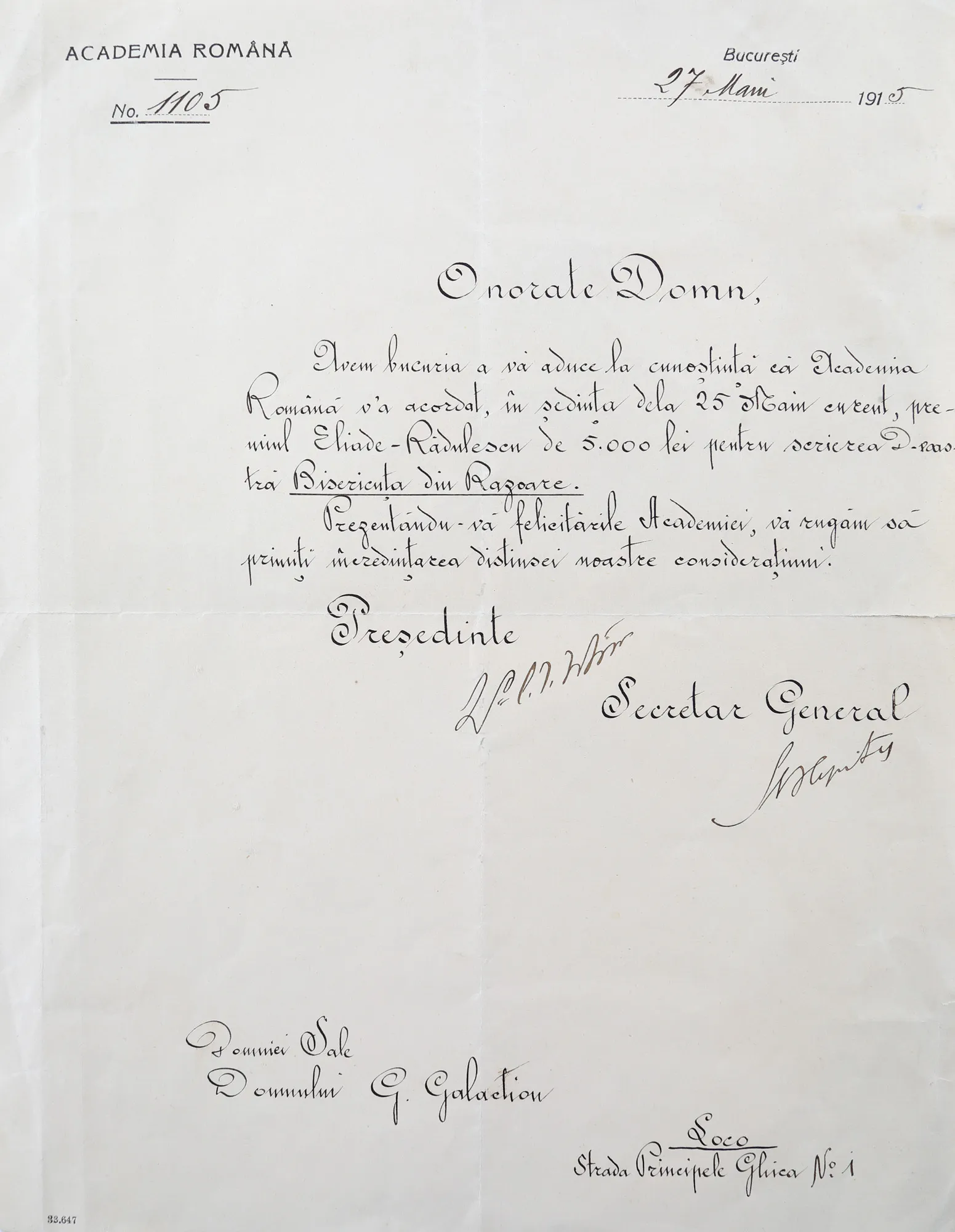 Notification Address to Gala Galaction from the Romanian Academy, 1915, with the holograph signature of its President, Constantin I. Istrati, originates from the historic collection of Șerban Țuculescu-Maria Galaction