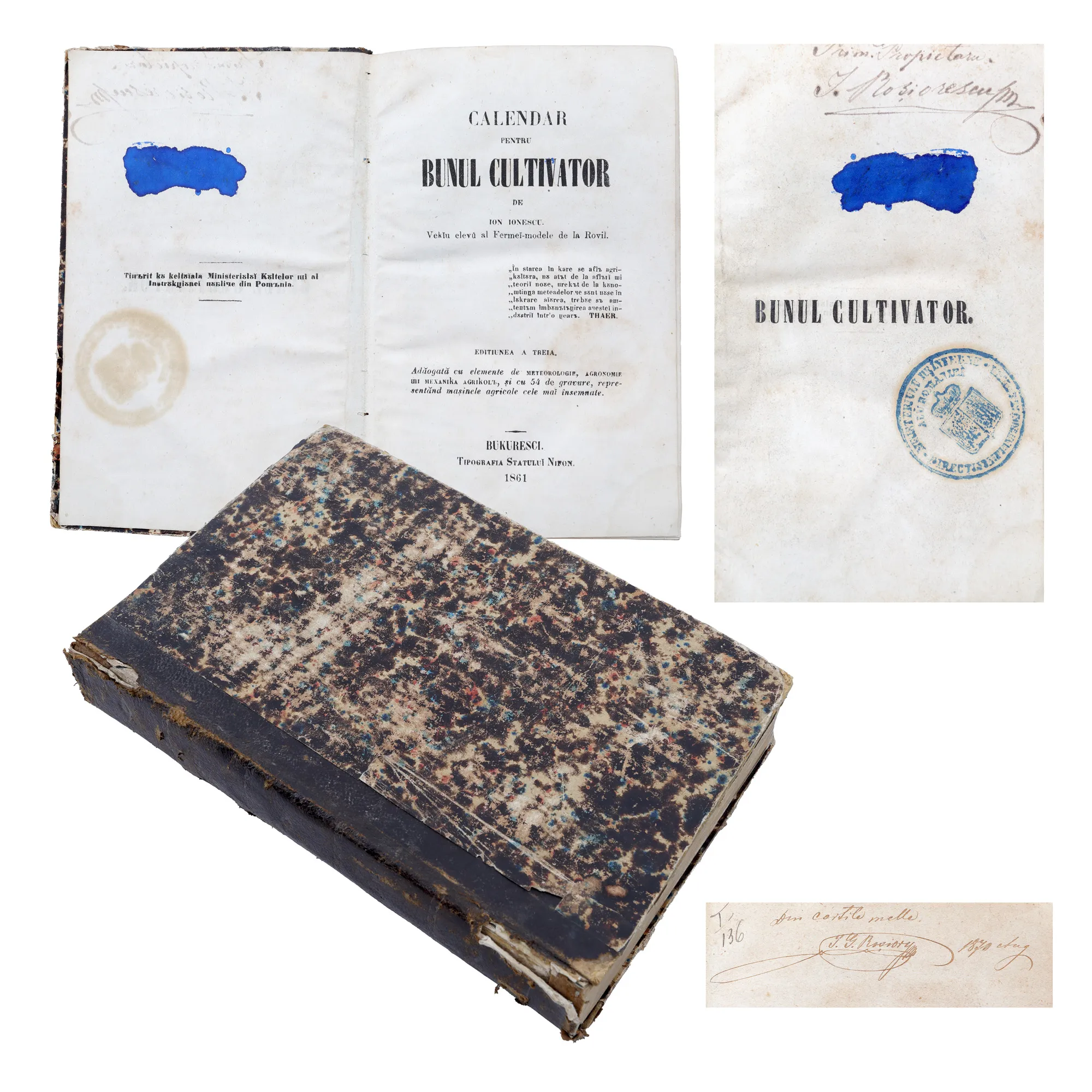 ”Calendar pentru bunul cultivator”, de Ion Ionescu (de la Brad), București, 1861, cu ex-libris și 43 de gravuri