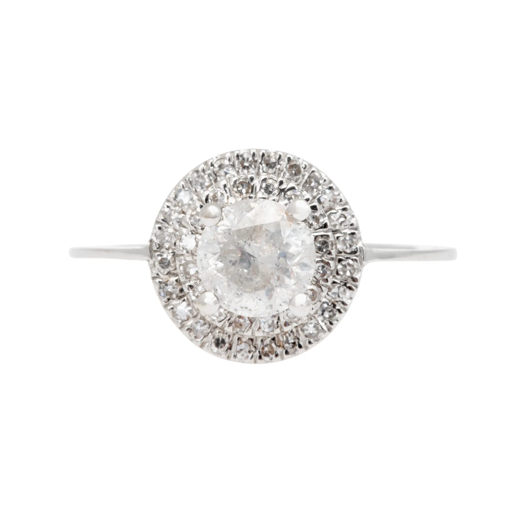 White gold ring, decorated with a central diamond and double diamond entourage