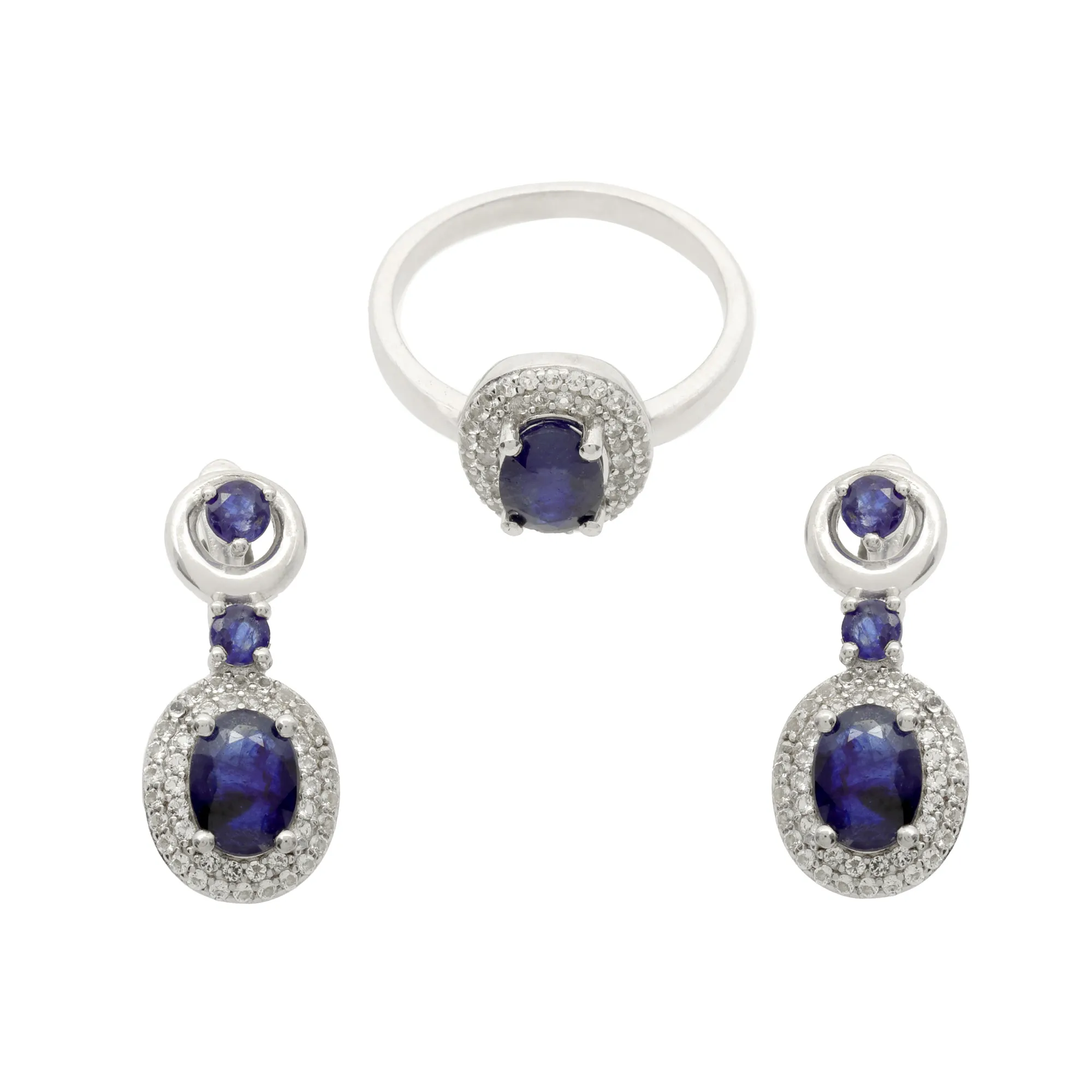 Silver set consisting of ring and pair of earrings, decorated with sapphires, in double topaz entourage