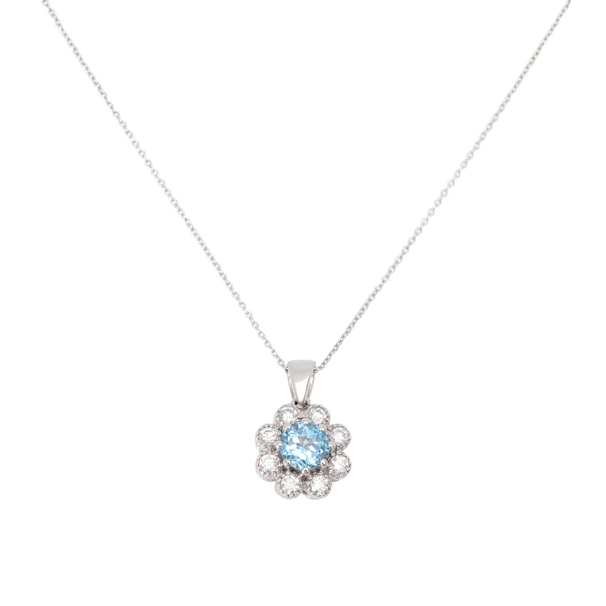 Lanț cu pandantiv din aur alb,  decorat cu topaz anturat de diamante
