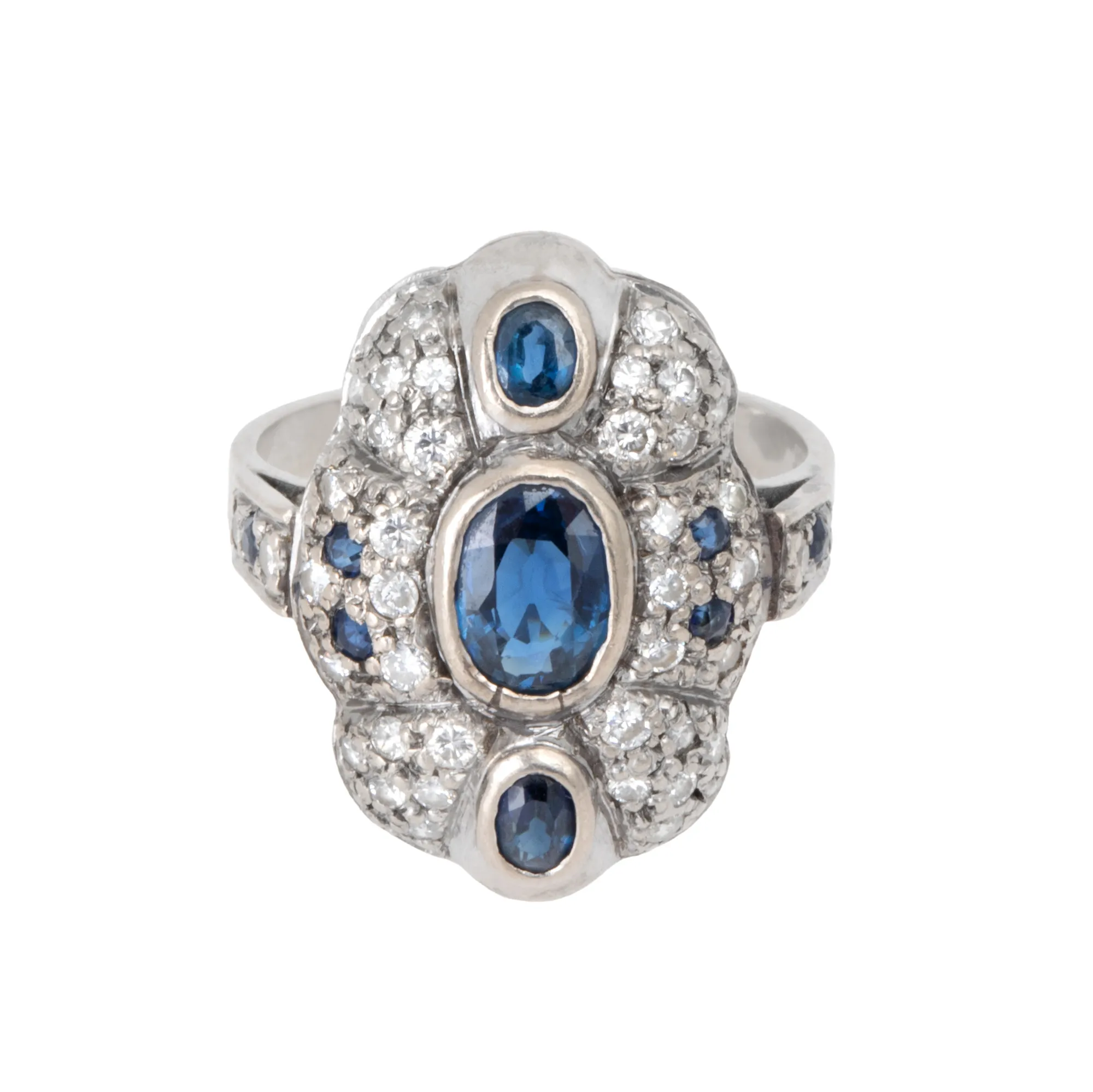 White gold ring, decorated with sapphires and diamonds