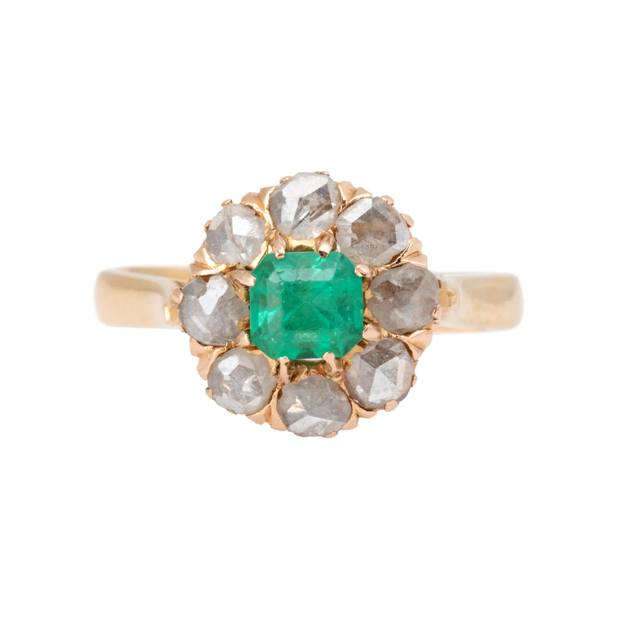 Gold ring, decorated with central emerald, surrounded by diamonds