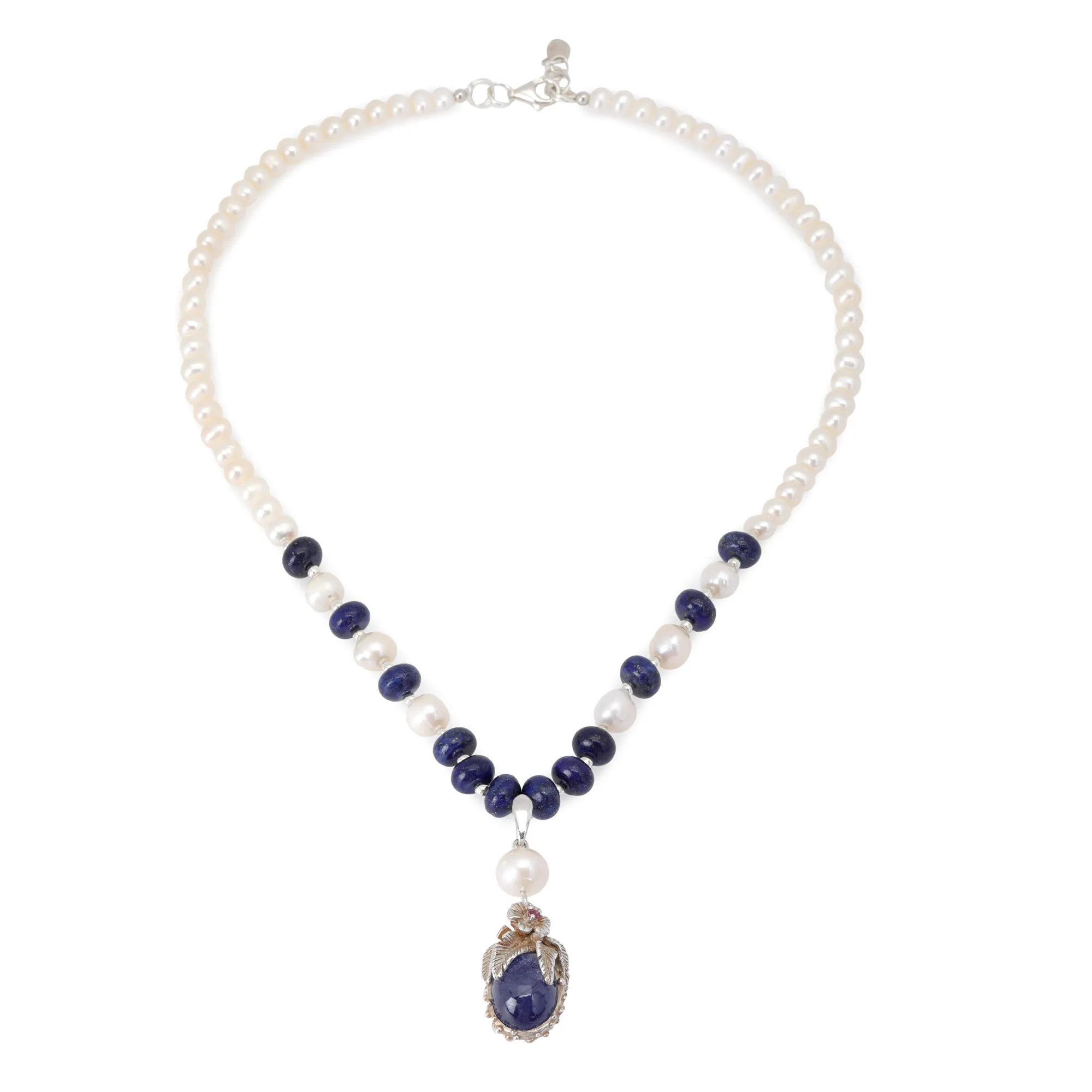 Necklace with silver pendant, decorated with pearls, lapis lazuli, ruby and cabochon sapphire