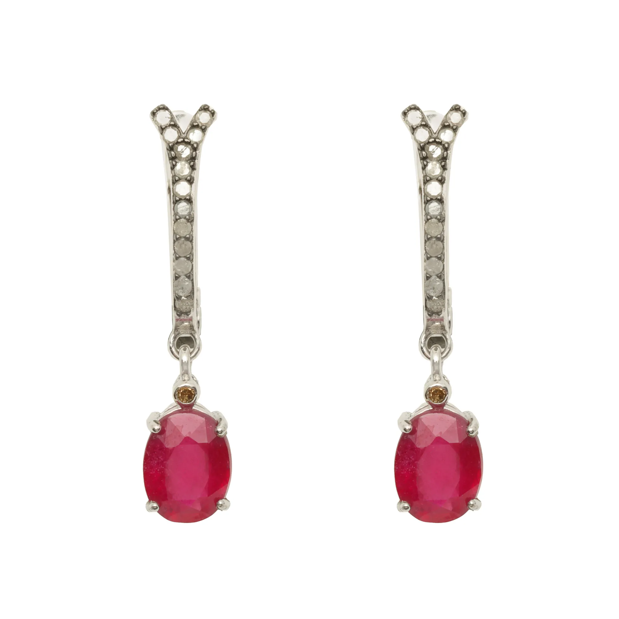 Pair of silver earrings, decorated with diamonds and rubies