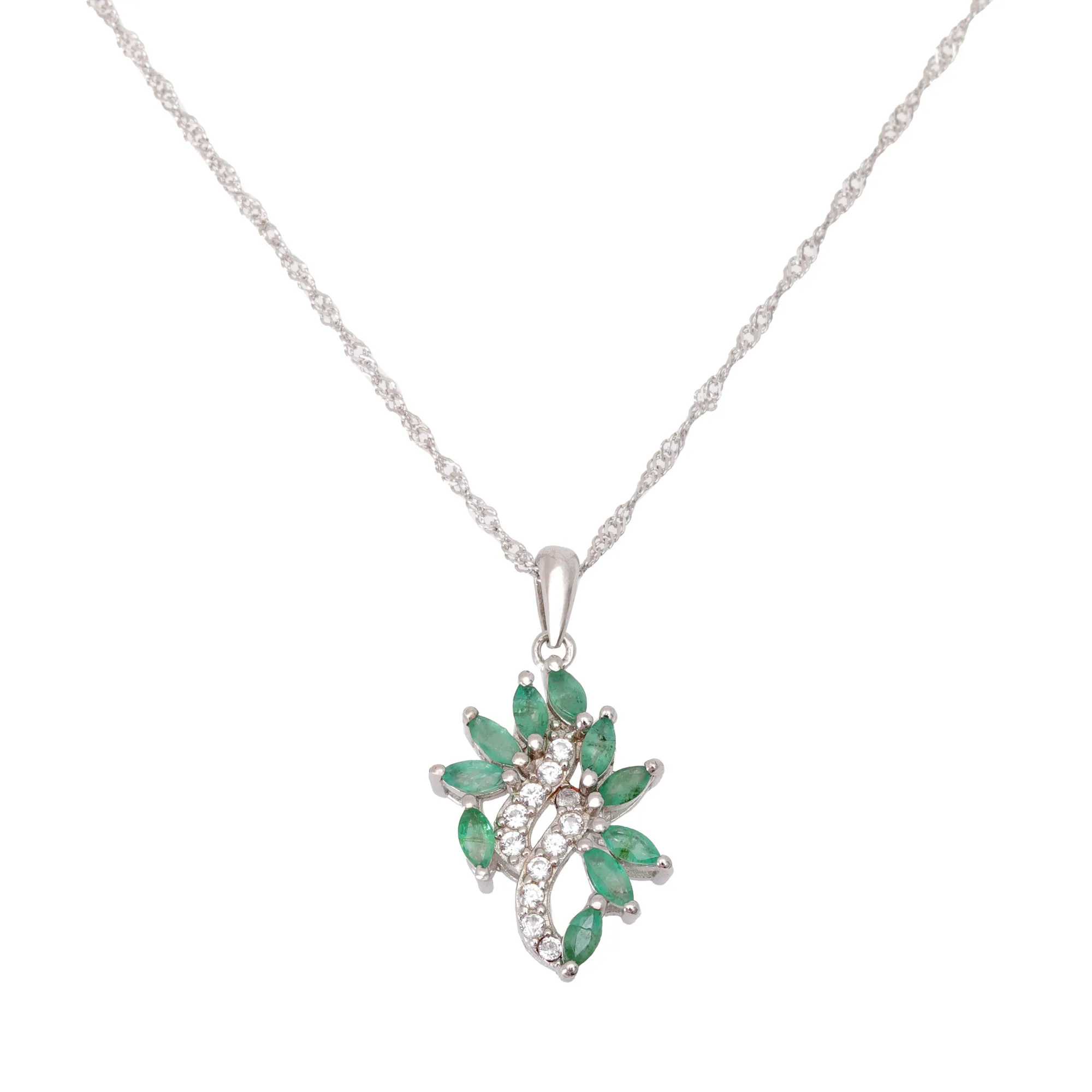 Silver necklace with pendant, decorated with emeralds and topazes