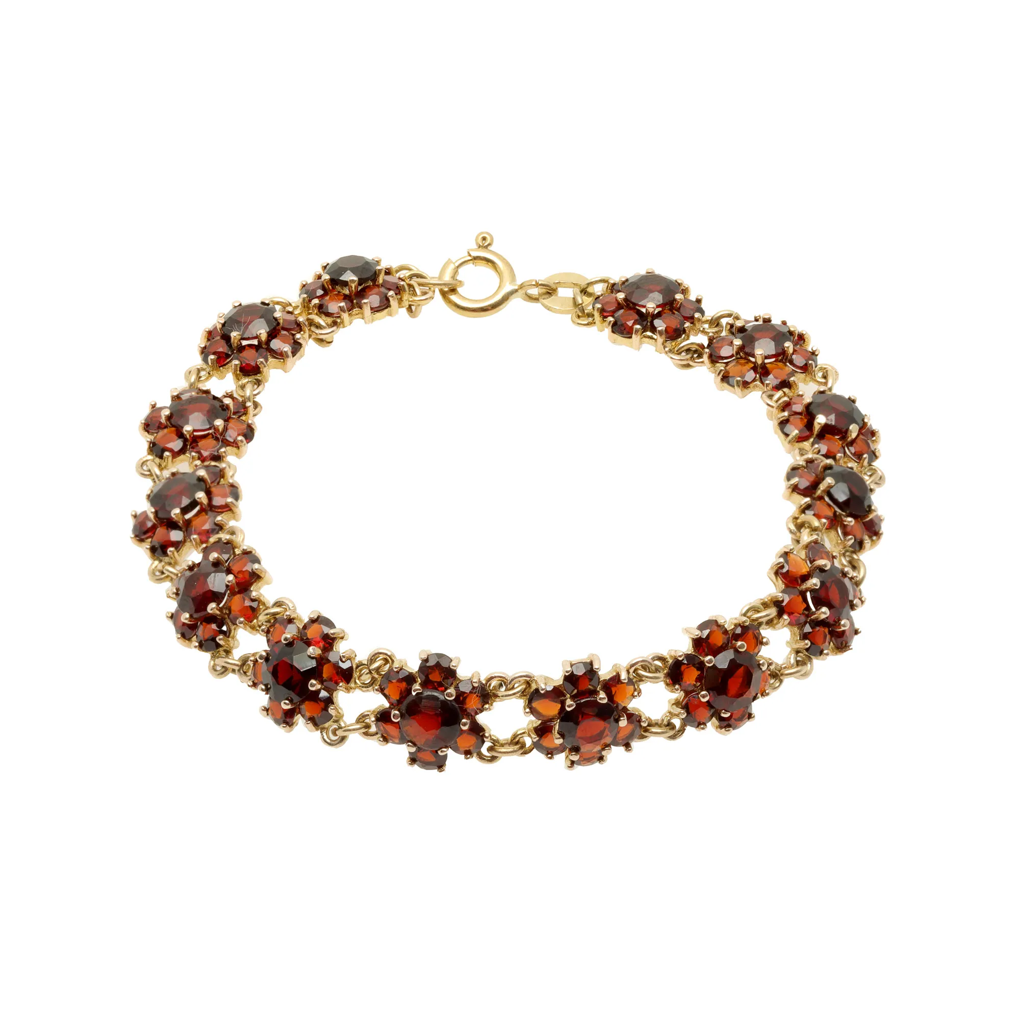 Gold bracelet, in the shape of a garland with flowers, decorated with garnets
