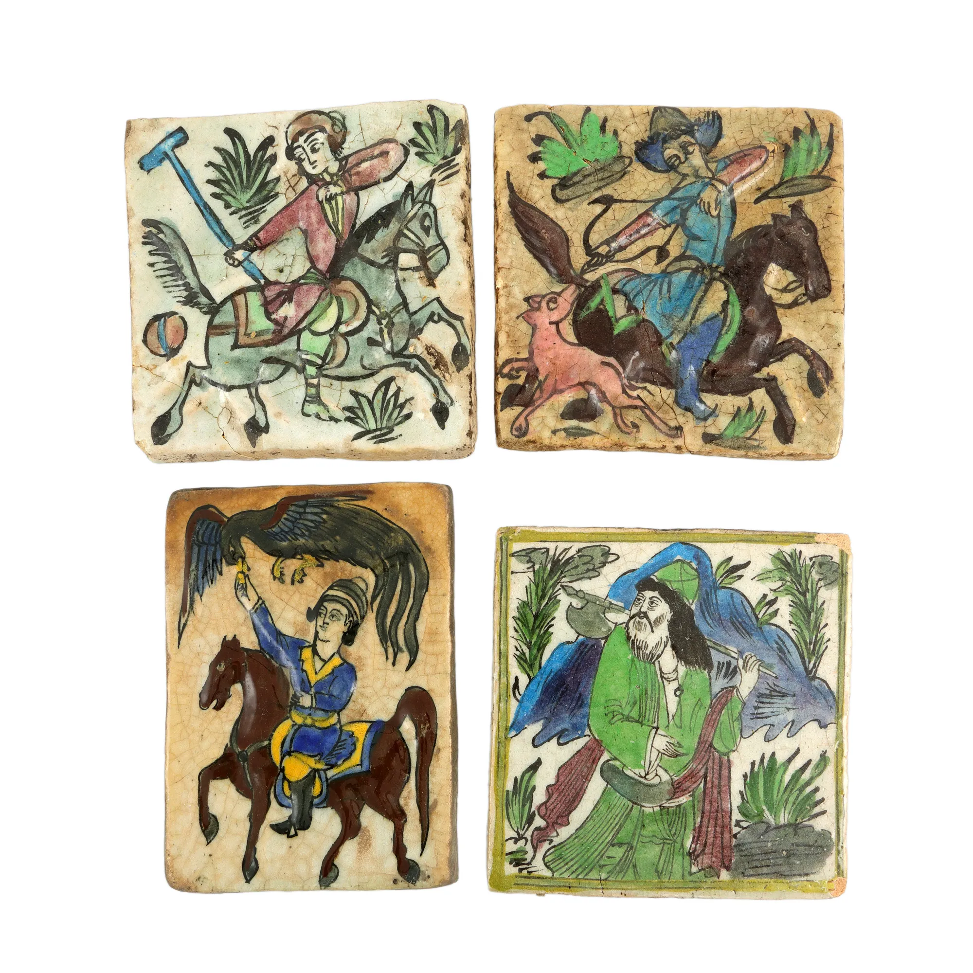 Lot of four painted Persian tiles, Iran, 19th century