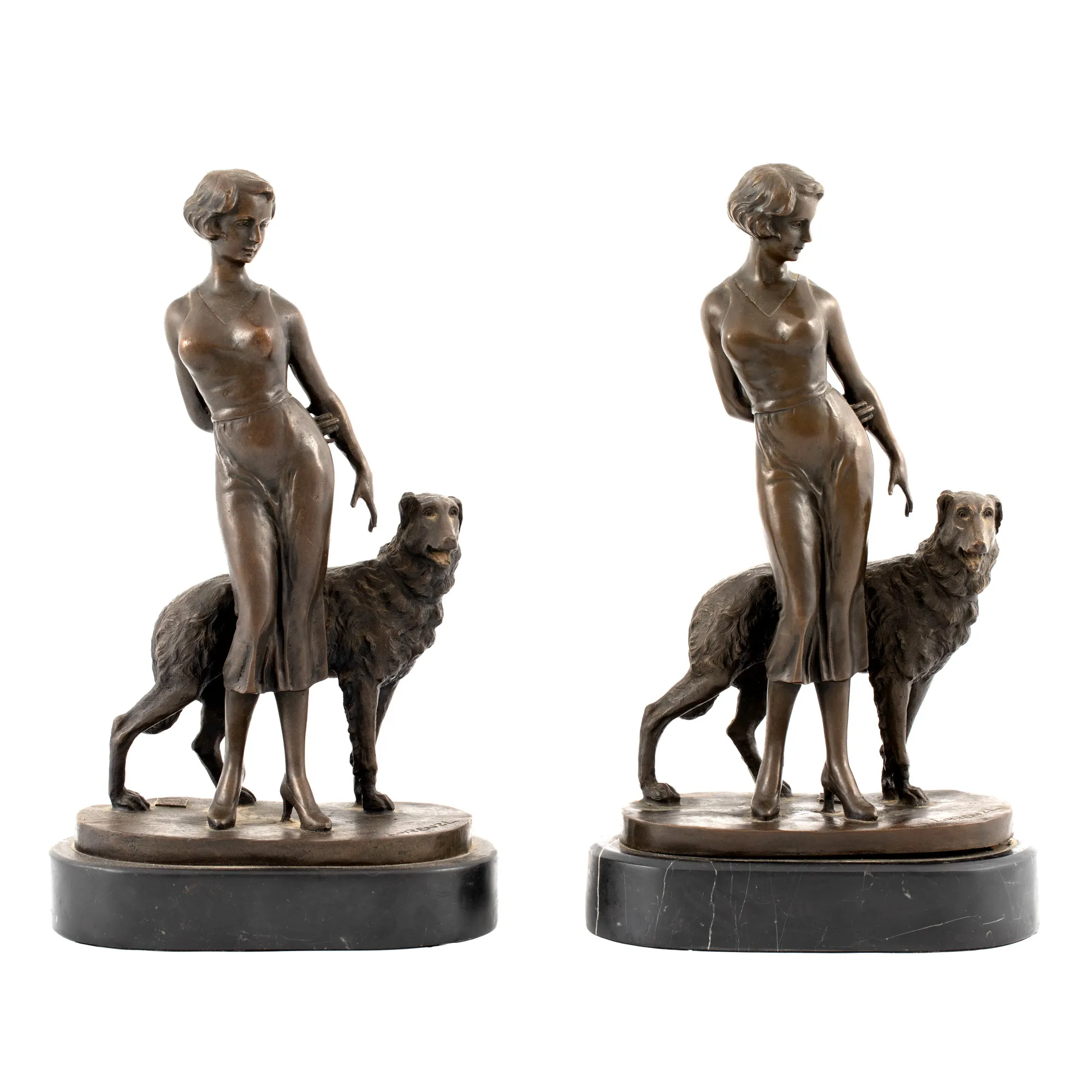 Lot format din două sculpturi similare - suporți pentru cărți, reprezentând un personaj feminin pozând relaxat, alături de câinele său