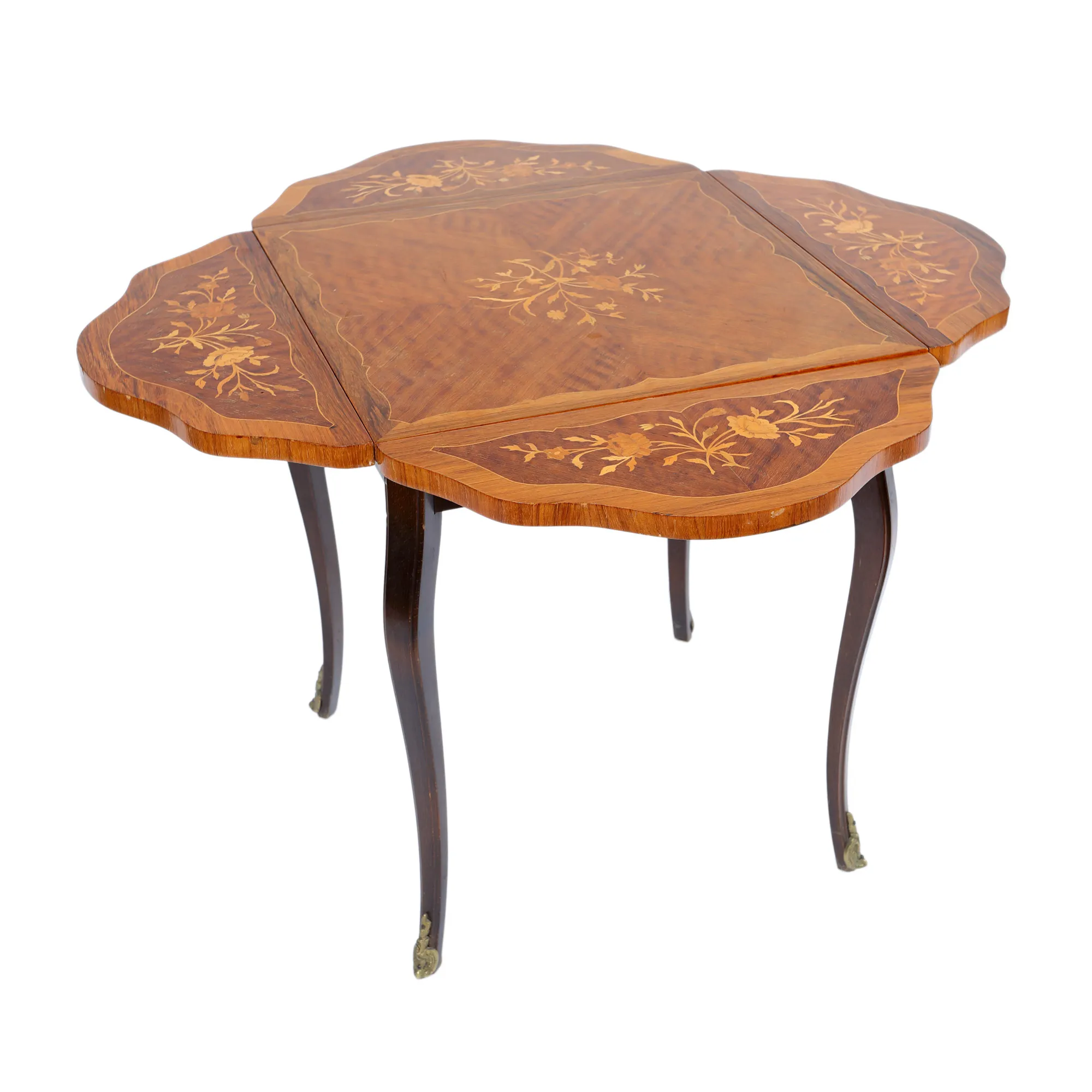 Masă Louis XV din lemn, decorată cu intarsii florale, începutul sec. XX