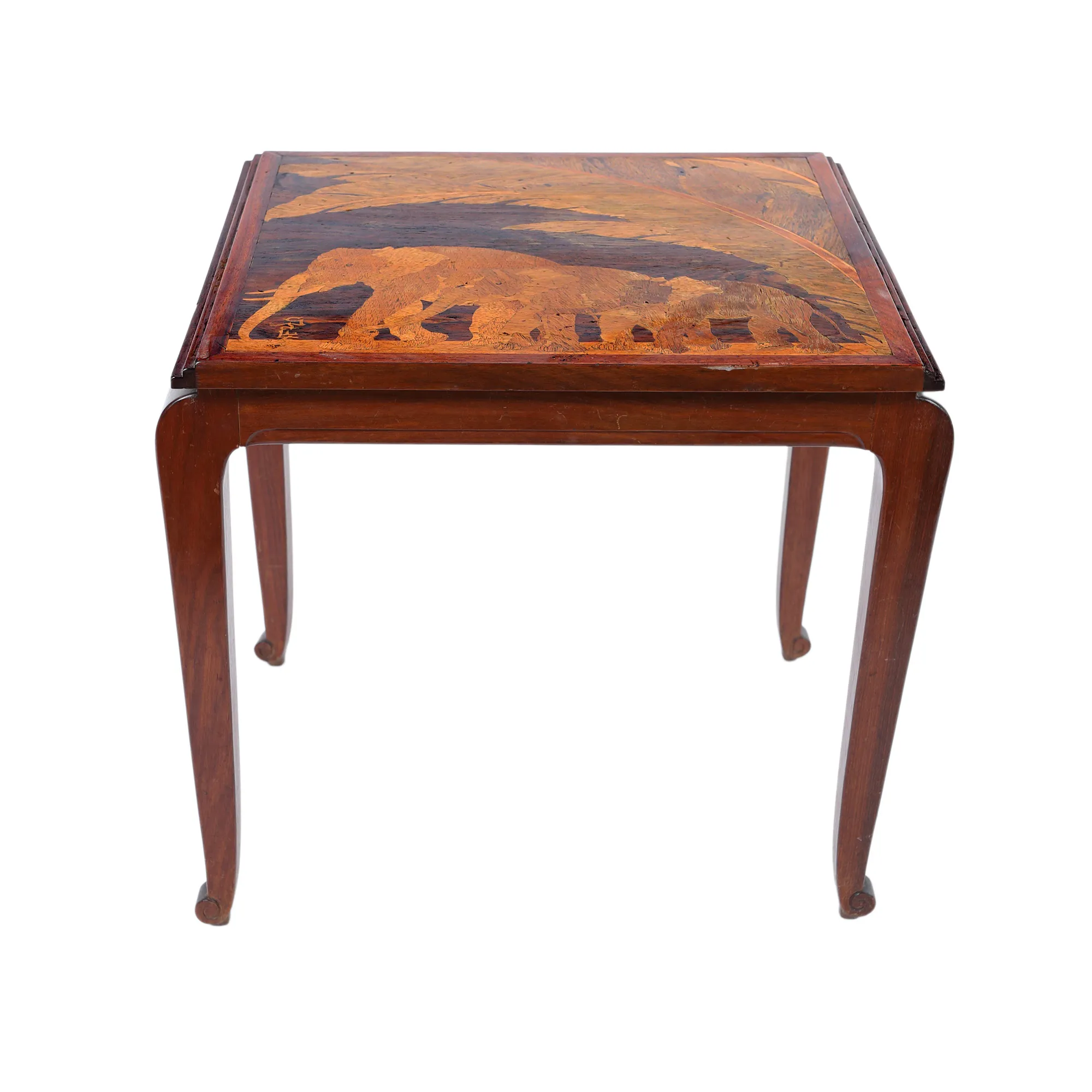 Art Nouveau Table, illustrating elephants in the savanna, inlaid, signed Émile Gallé, approx. 1910, rare piece,
