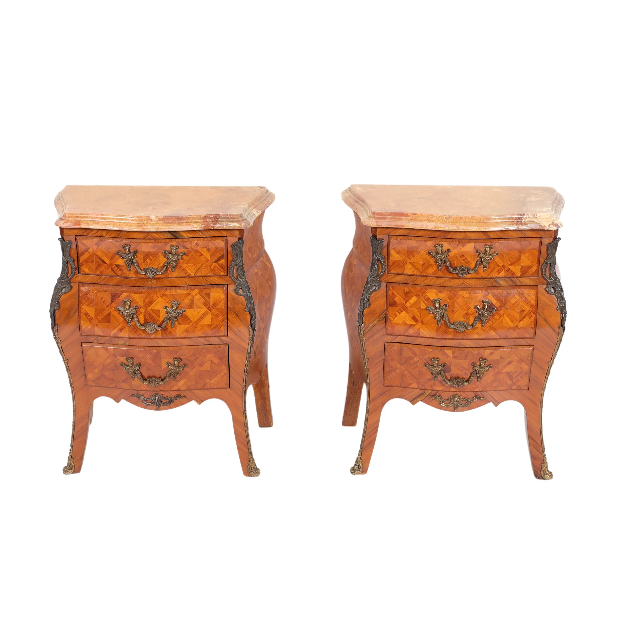 Pereche de mici comode sau noptiere, stil Louis XV, parchetate, prima jumătate a sec. XX