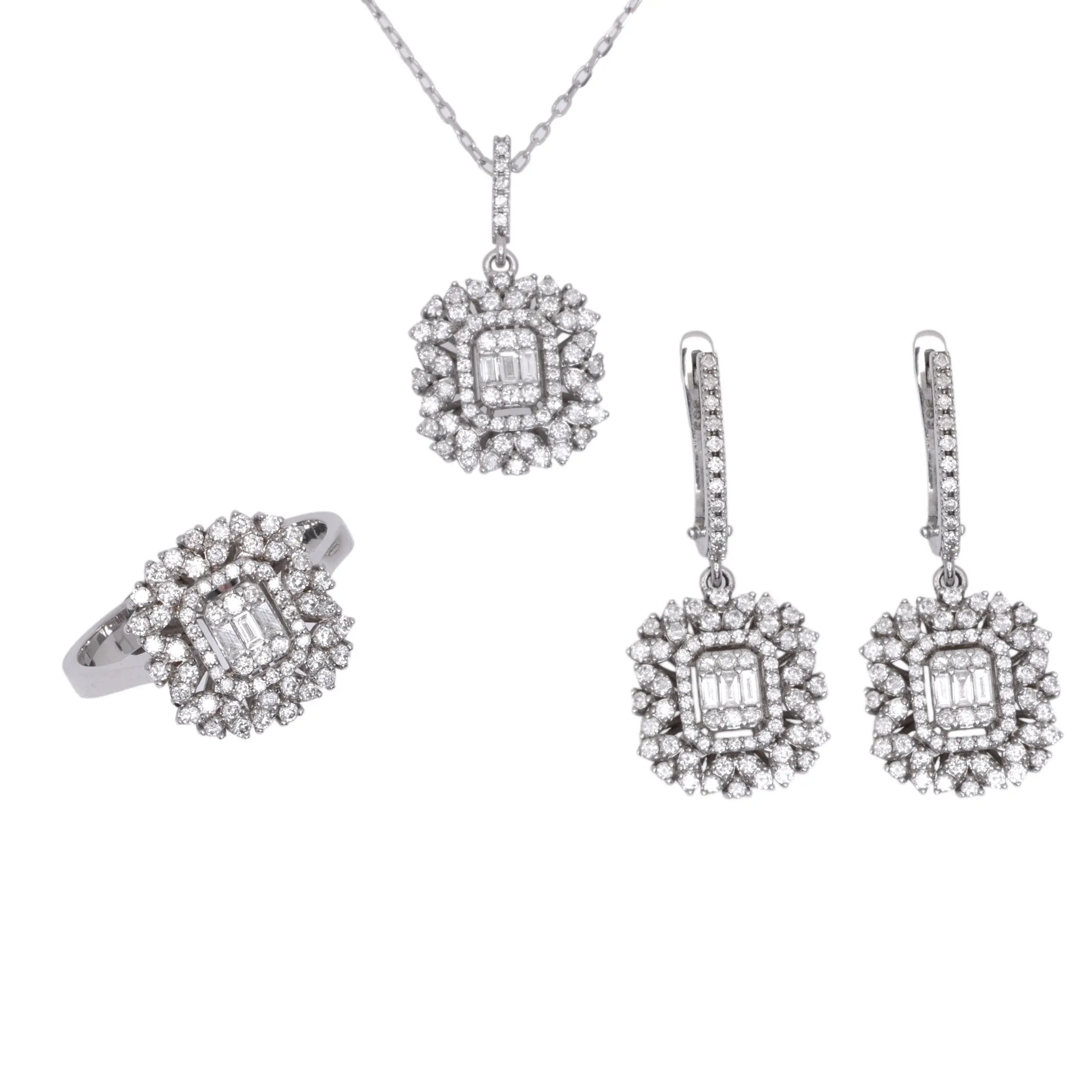 White gold set, consisting of a pendant necklace, a pair of earrings and a ring, decorated with a multitude of diamonds