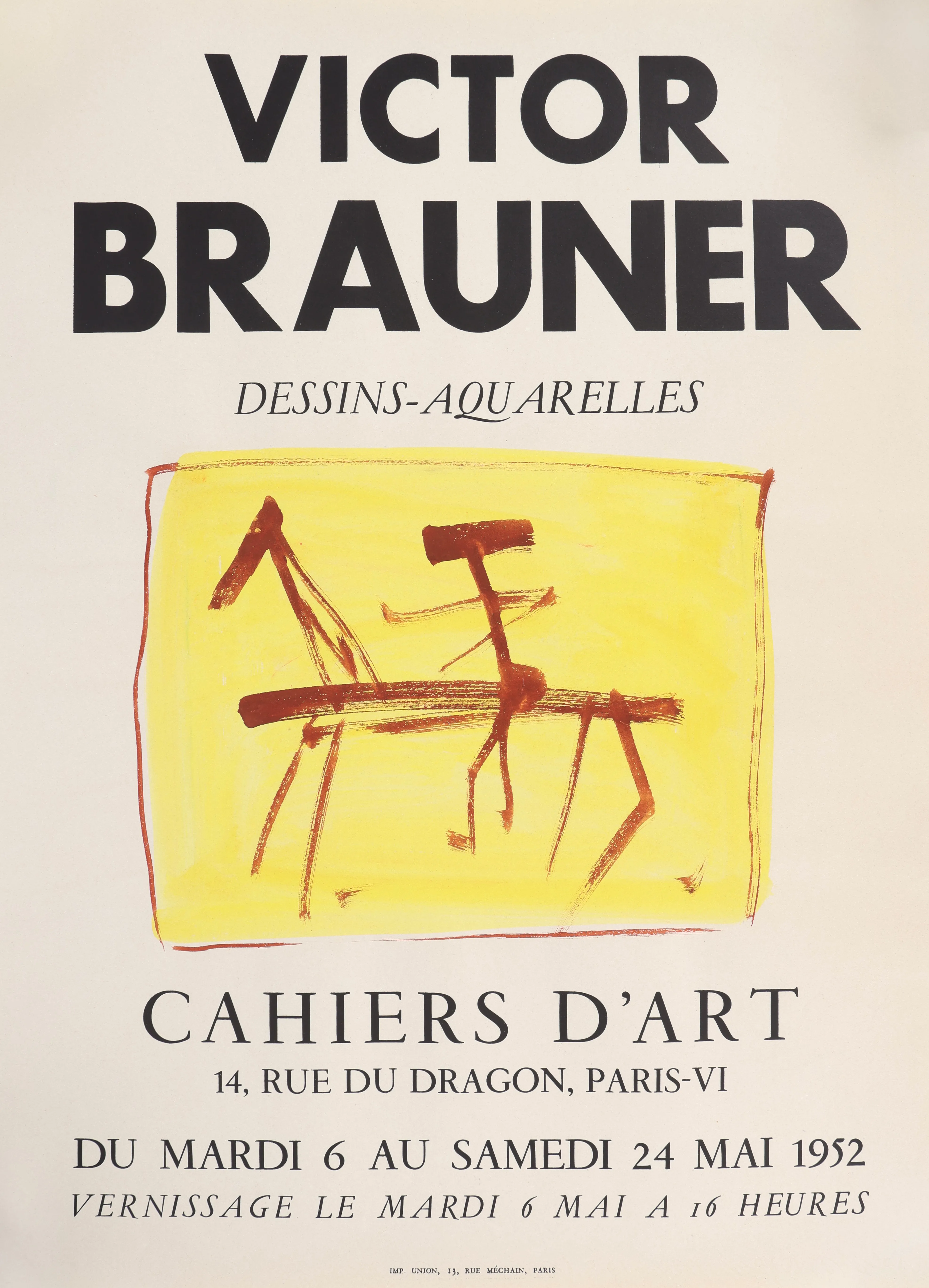 Artistic concept, watercolor on the exhibition poster "Victor Brauner. Drawings-Watercolors", at the Cahiers D'Art Gallery, Paris, 1952