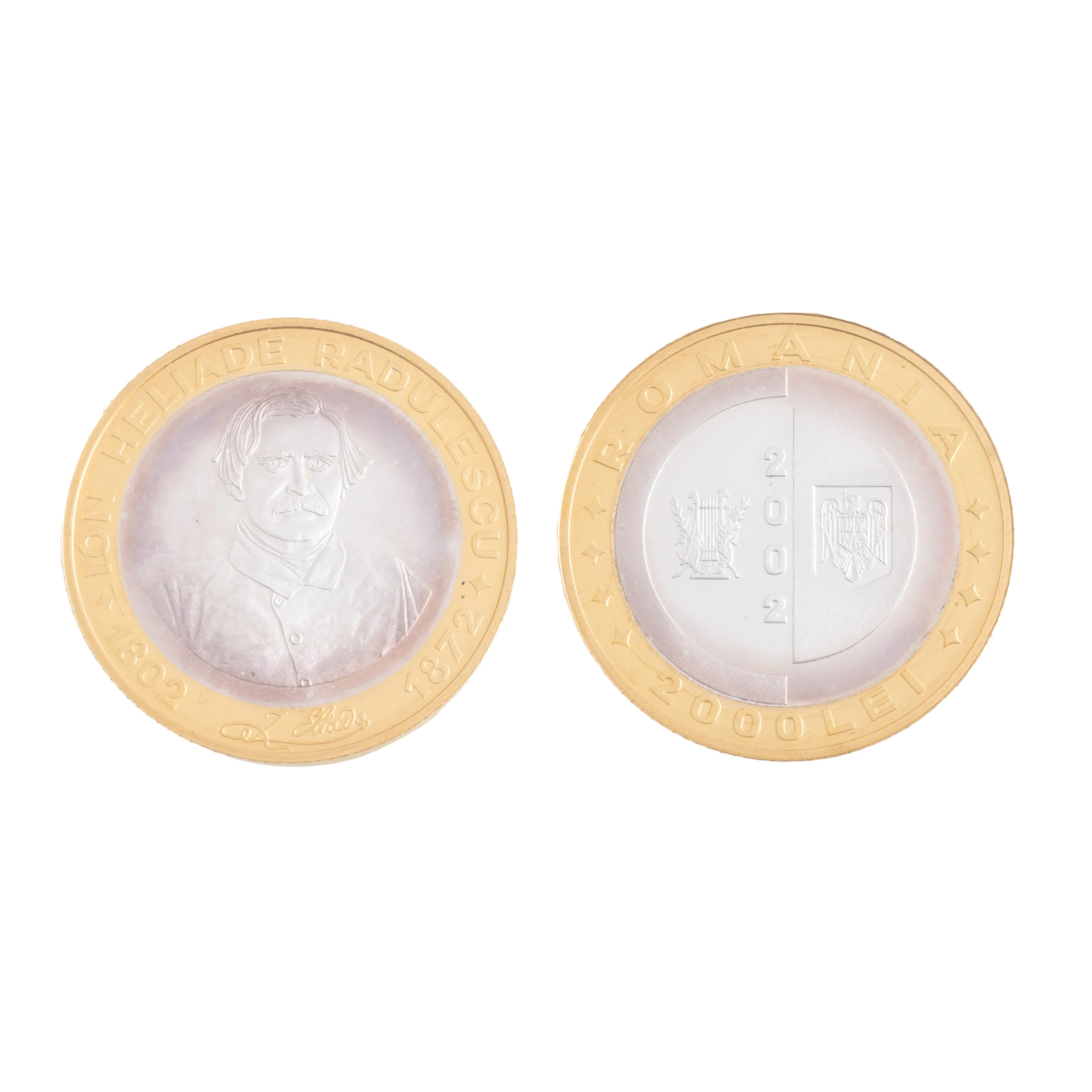 Commemorative BNR coin, Ion Heliade Rădulescu, 1802-2002, bimetallic - silver core and gold outer ring, circulation of 500 copies, accompanied by certificate and box
