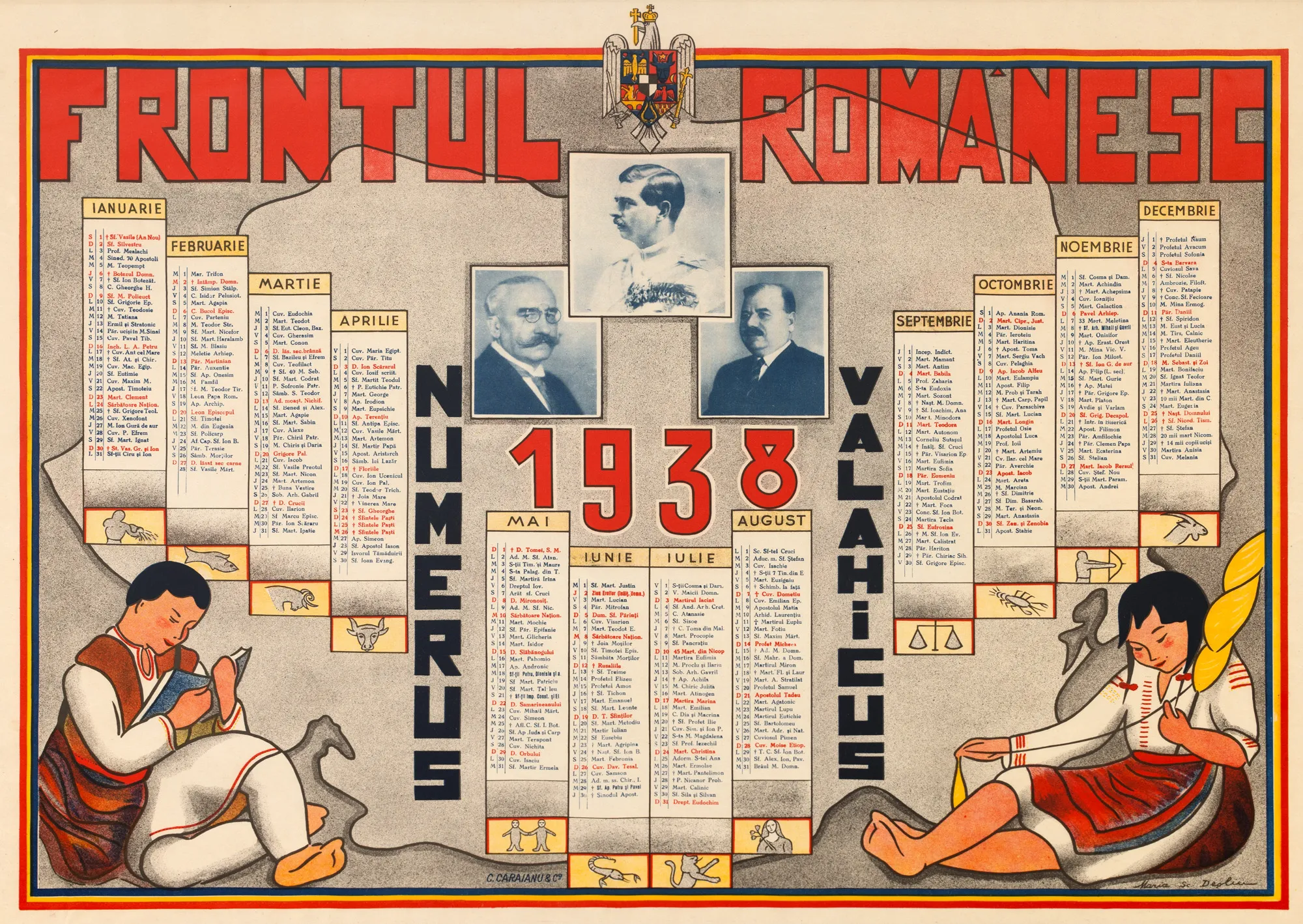 Calendar ”Frontul Românesc”, 1938, semnat în tipar Maria Deșliu