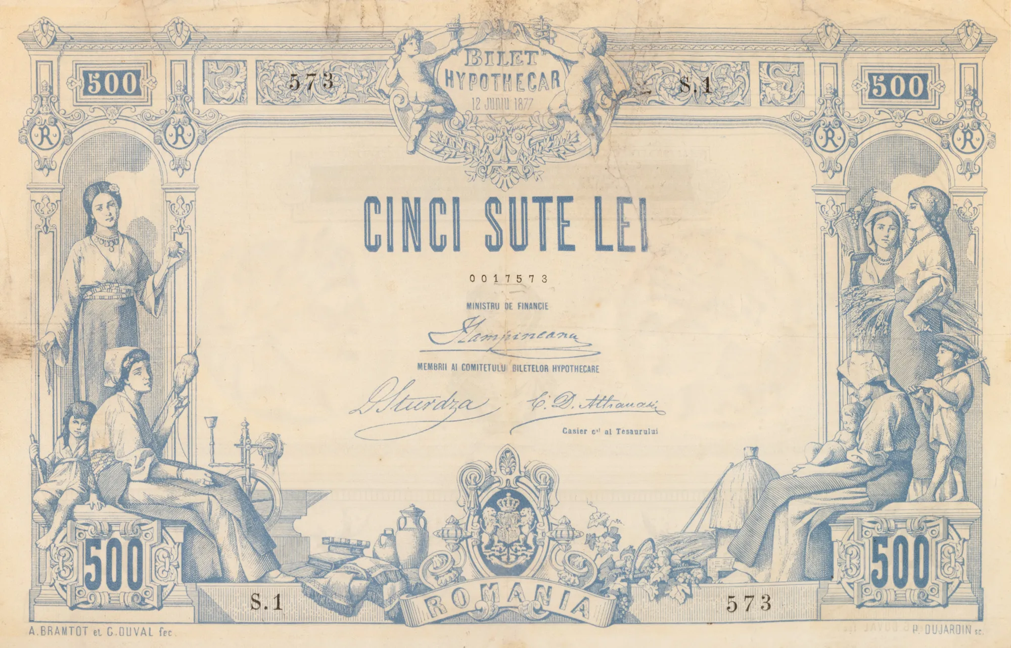 Bilet Hypothecar (bancnotă) 500 Lei 1877, piesă extrem de rară