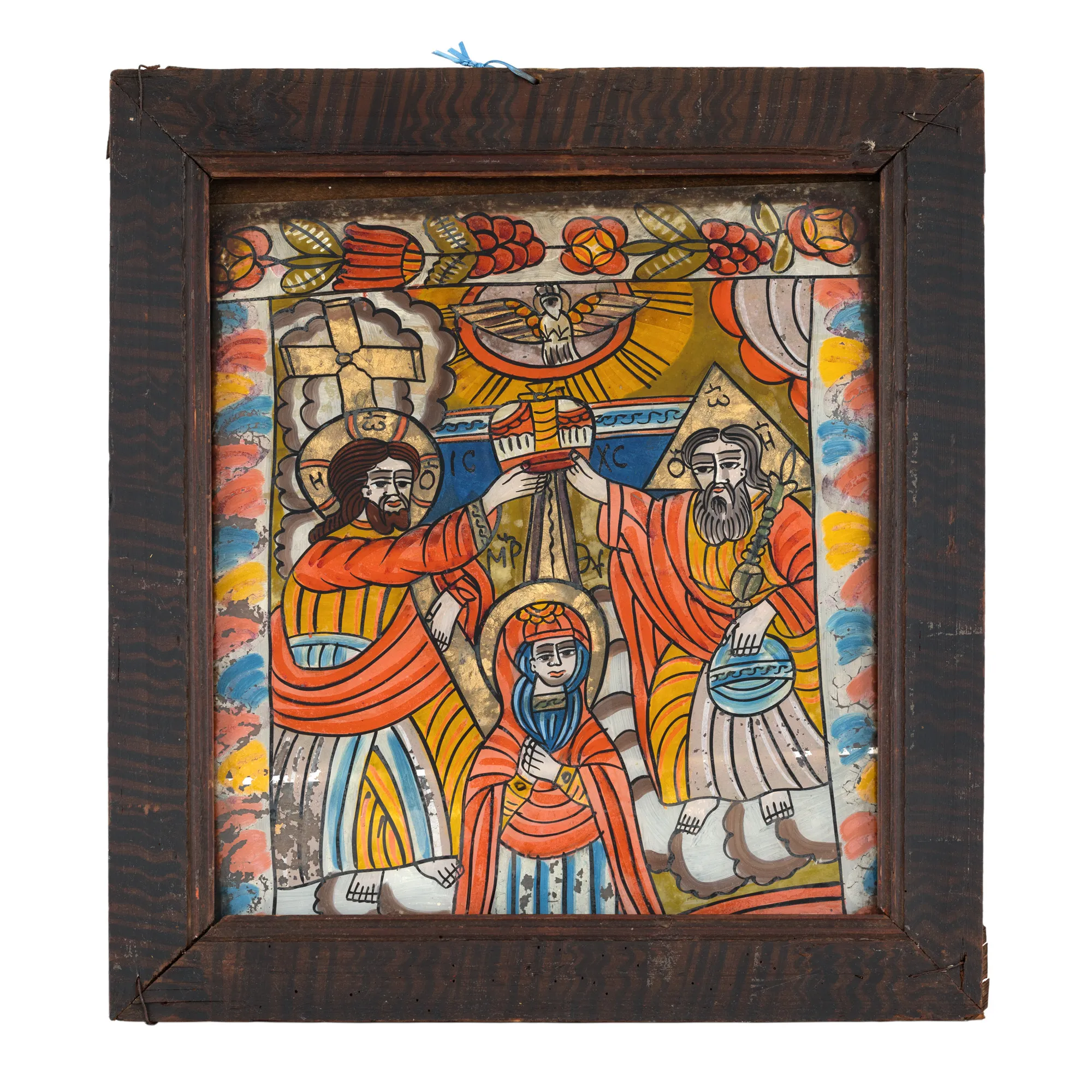 Icon on glass, "Holy Trinity (Coronation of the Virgin)", workshop from Scheii Brasovului, the second half of the 19th century