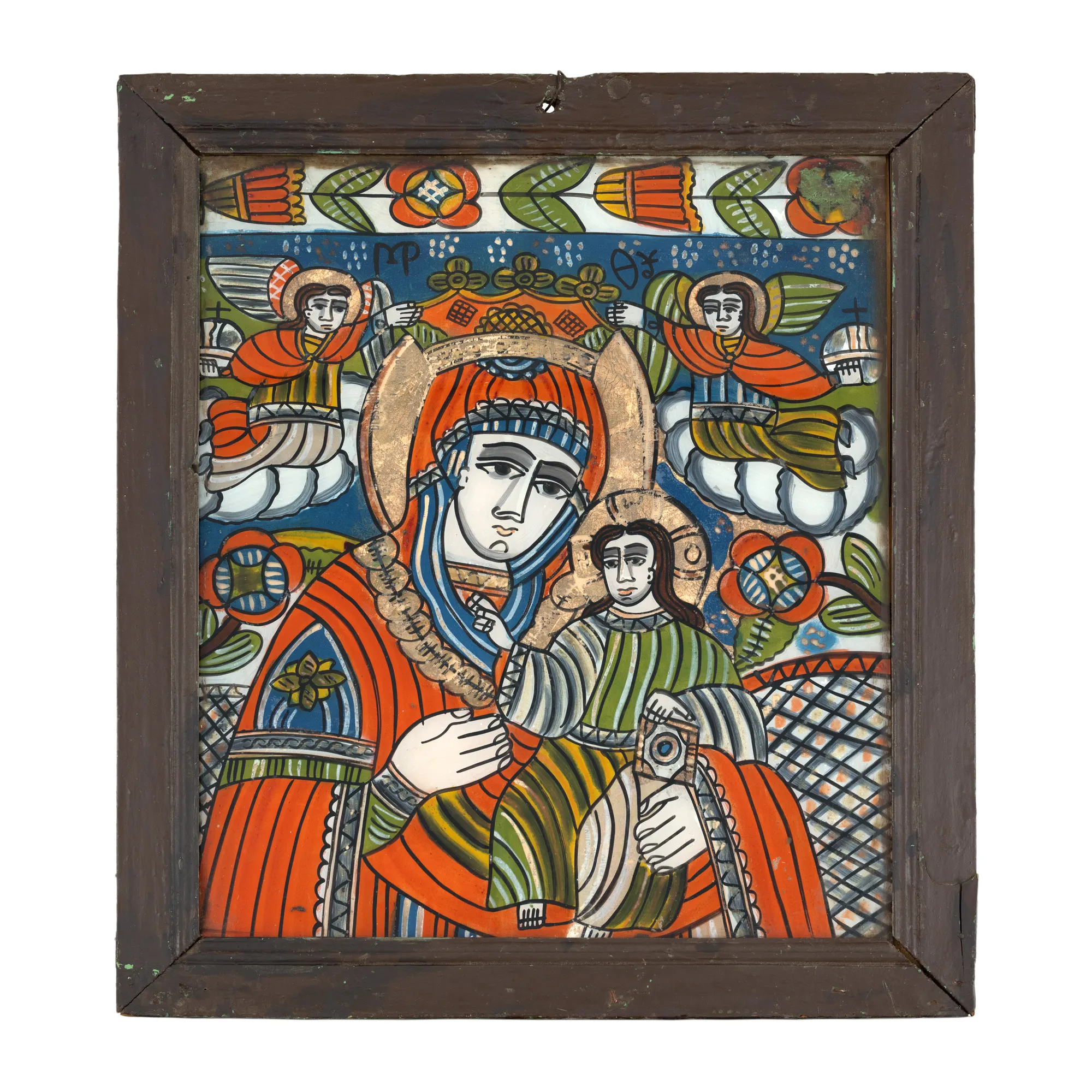 Icon on glass, "Mother of God with the Child - Empress of Angels", workshop in Șcheii Brașovului, second half of the 19th century