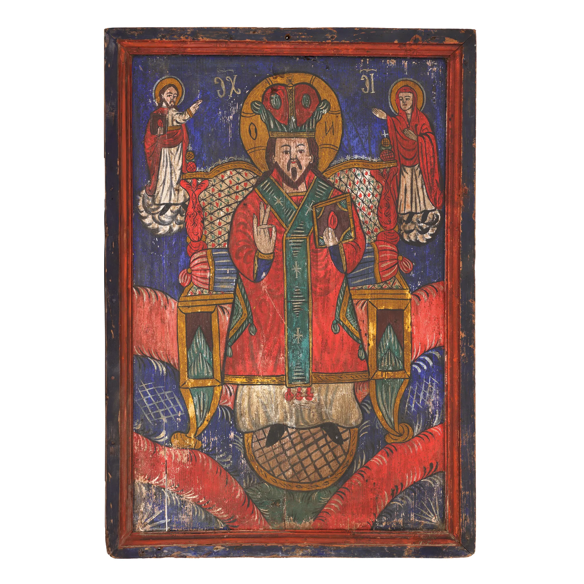 "Imperial Icon on wood, "Jesus Christ King and High Priest", workshop of the Tămaș family from Făgăraș, probably Moise Tămaș, mid 19th century, very rare collection piece"
