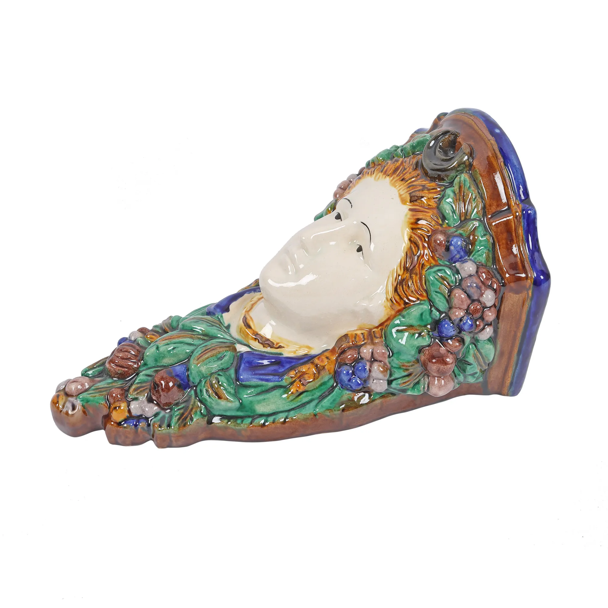 Consolă Neo-Renascentistă de perete din majolica, decorată cu chipul Dianei, zeița vânătorii, sec. XIX