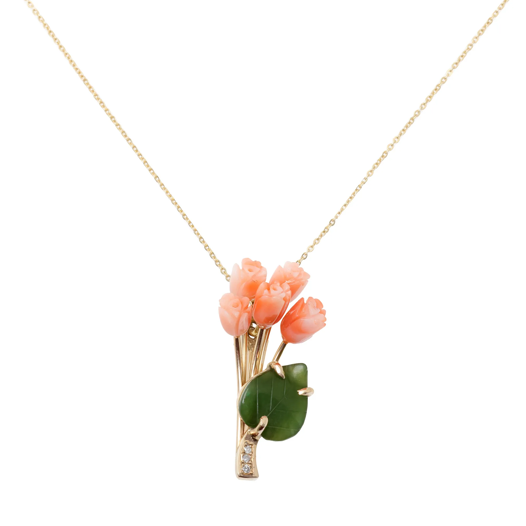 Swoboda pendant chain, in white gold, in the shape of a floral bouquet, adorned with coral, nephrite and diamonds