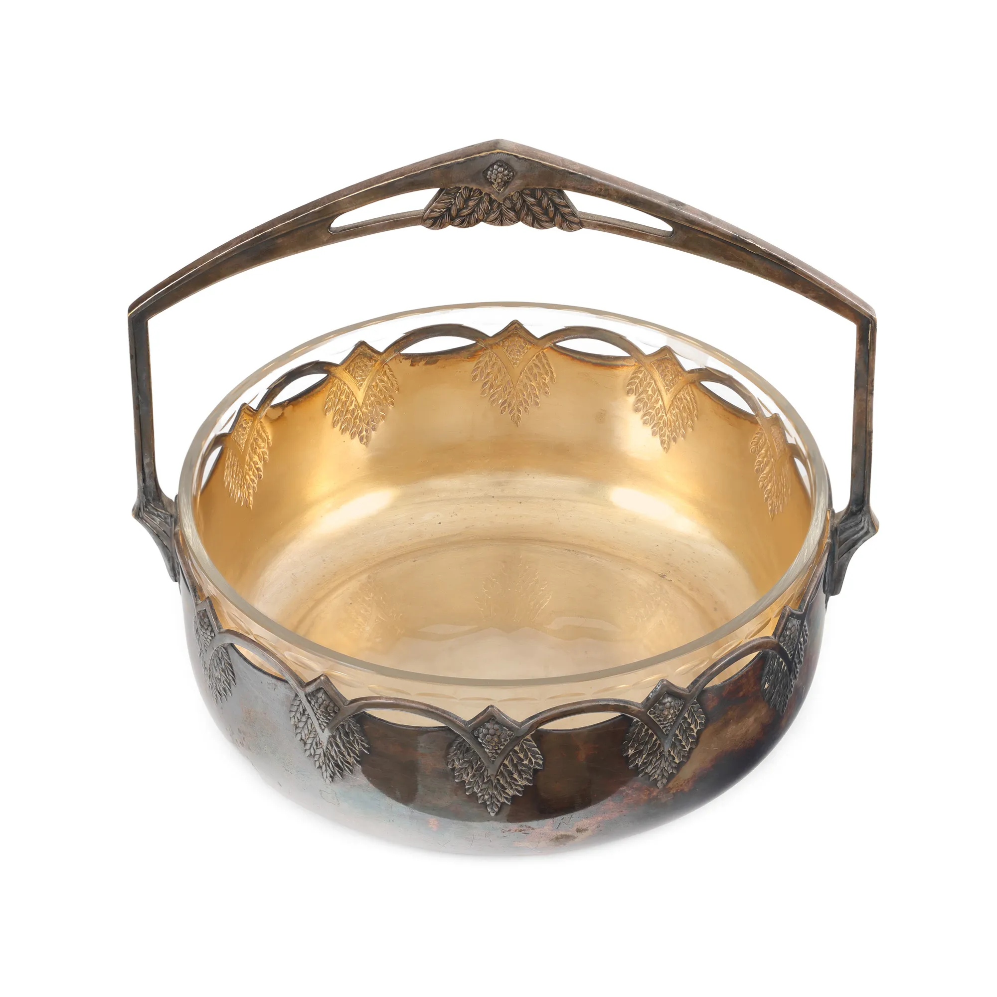 Bombonieră argintată Art Nouveau, din cristal gravat, decorată cu friză vegetală