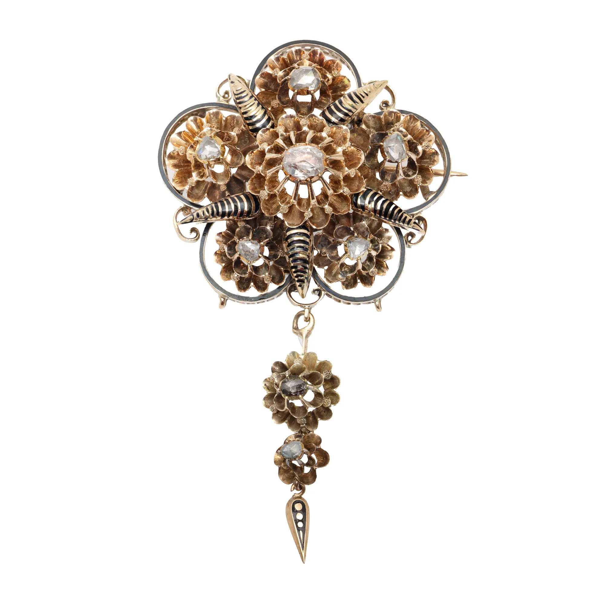 Biedermeier-style brooch in the shape of a flower, made of gold, decorated with diamonds and enamel, cca. 1880