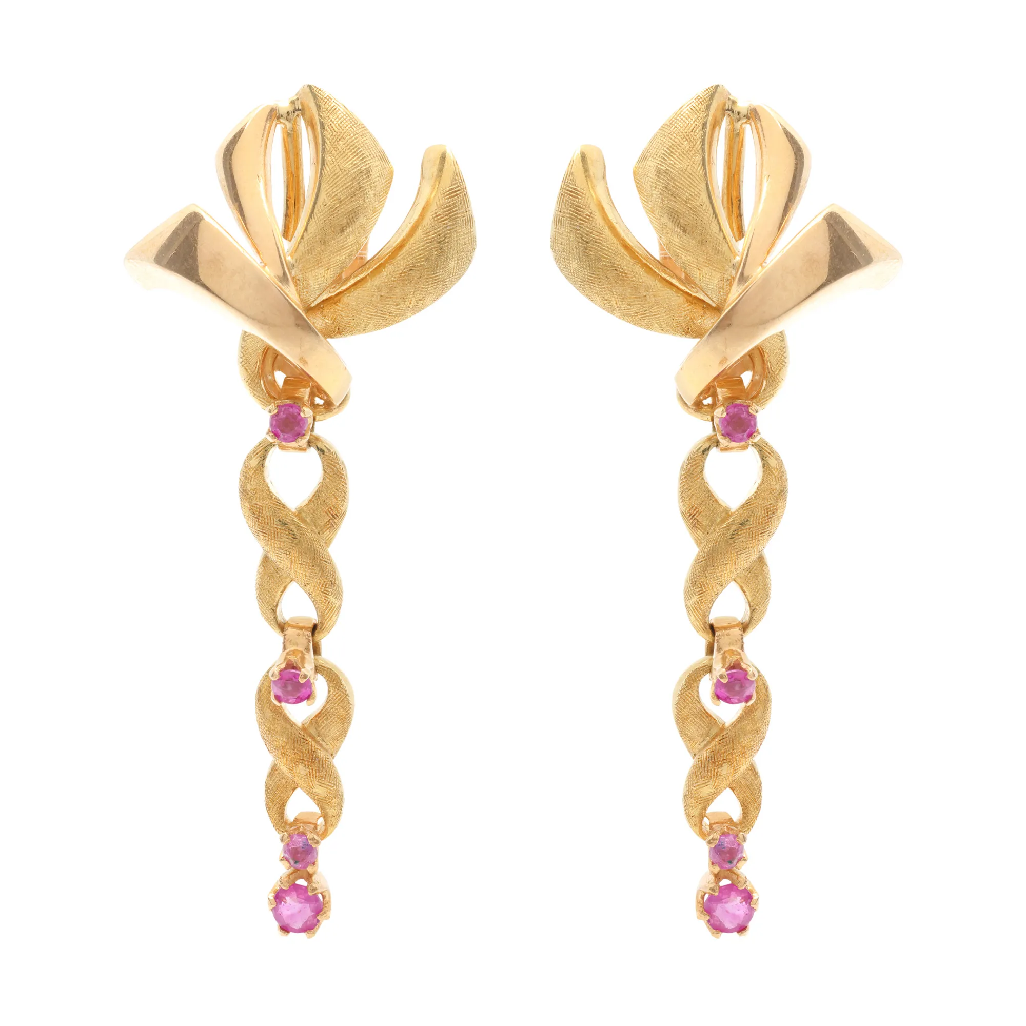 Pair of earrings in satin gold, decorated with sapphires