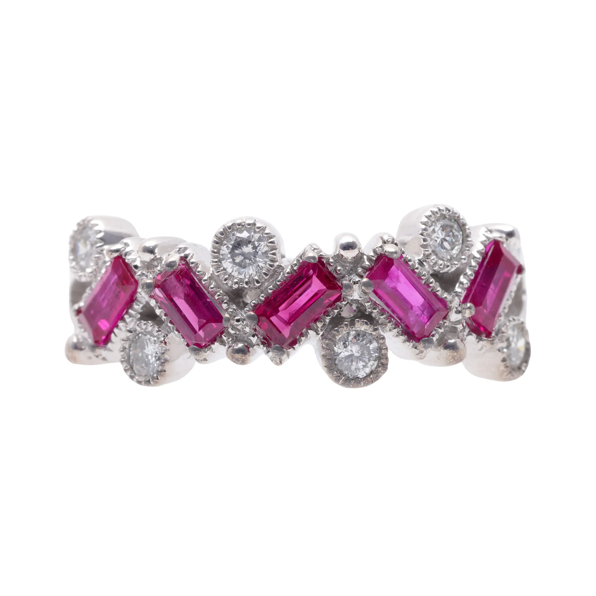 White gold ring, decorated with alternating rubies and diamonds