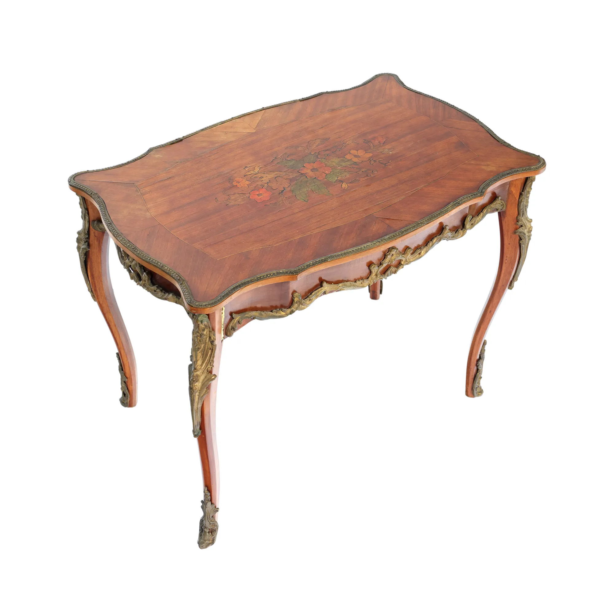 Louis XV style table for coffee, wood marquetry, decorated with bronze ornaments, cca. 1900