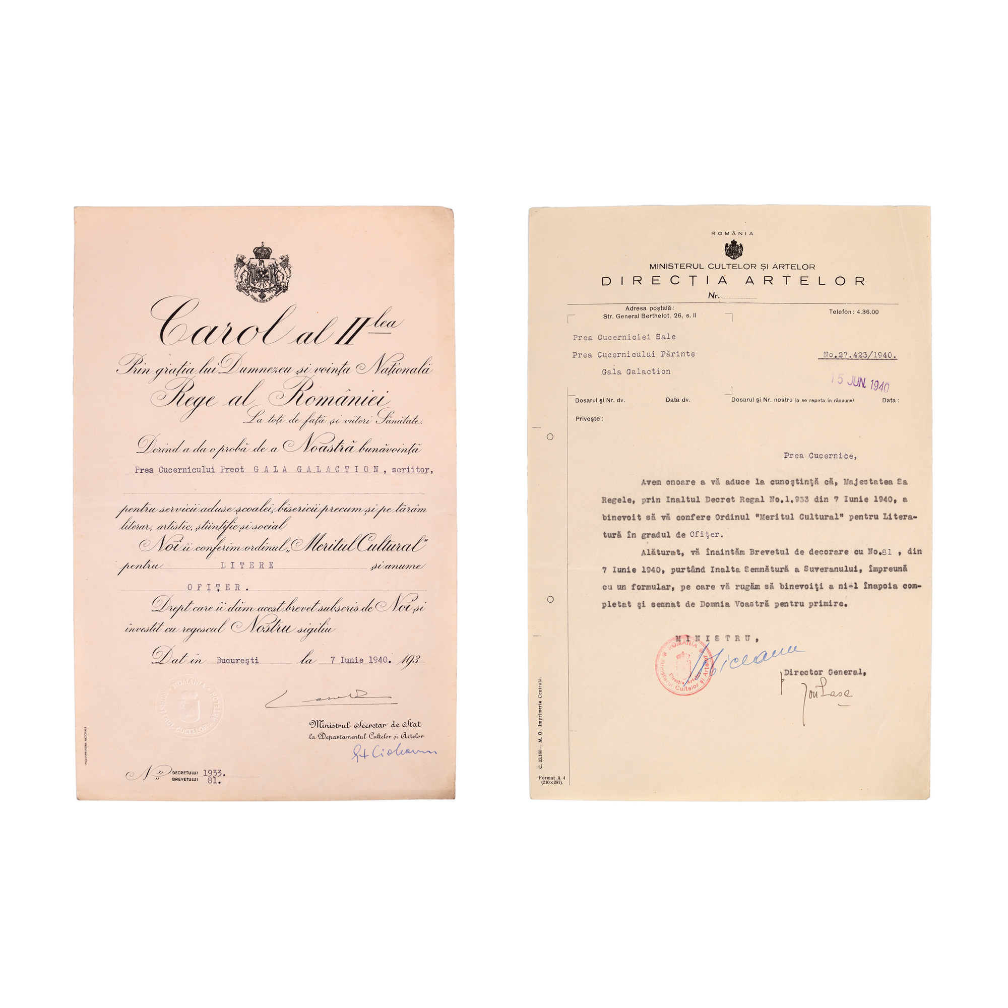 Lot consisting of decoration letter and official notification to Father Grigore Pișculescu, pseudonym Gala Galaction, for the "Cultural Merit" Order in the rank of officer, June 1940, with the original signature of King Carol II, from the historical collection of Șerban Țuculescu-Maria Galaction