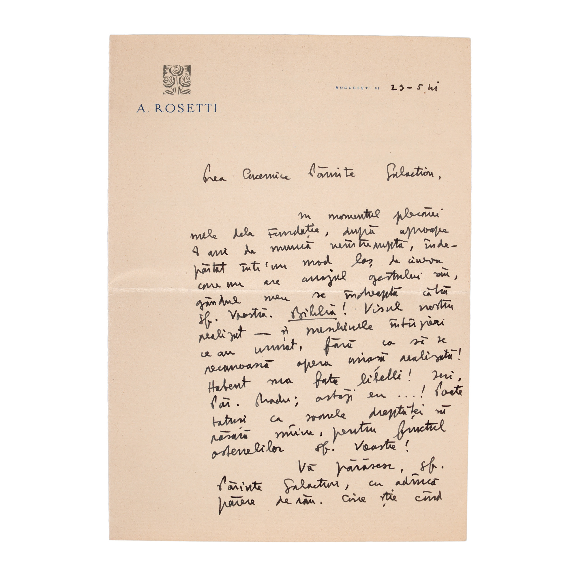 Scrisoare trimisă de academicianul Alexandru Rosetti lui Gala Galaction, semnată olograf, provine din colecția istorică Șerban Țuculescu-Maria Galaction