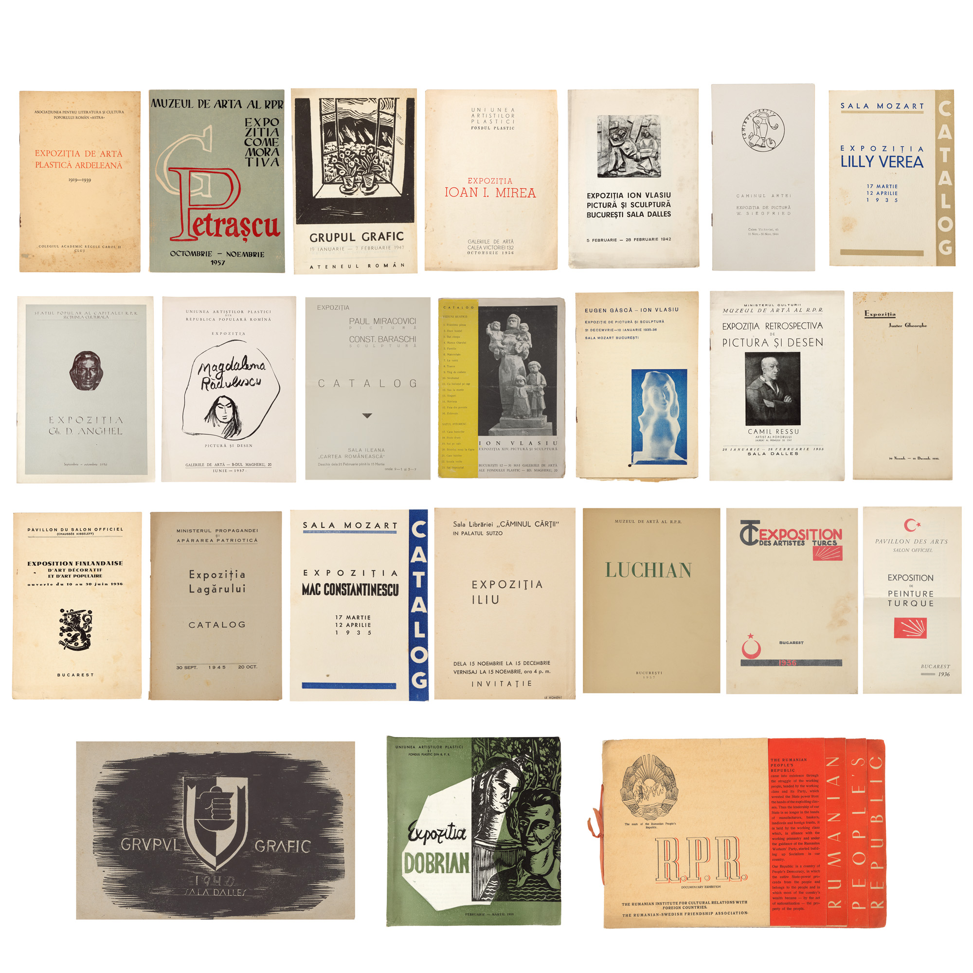 Lot format din 21 cataloage de artă, 1935-1957, provin din colecția scriitorului Pericle Martinescu