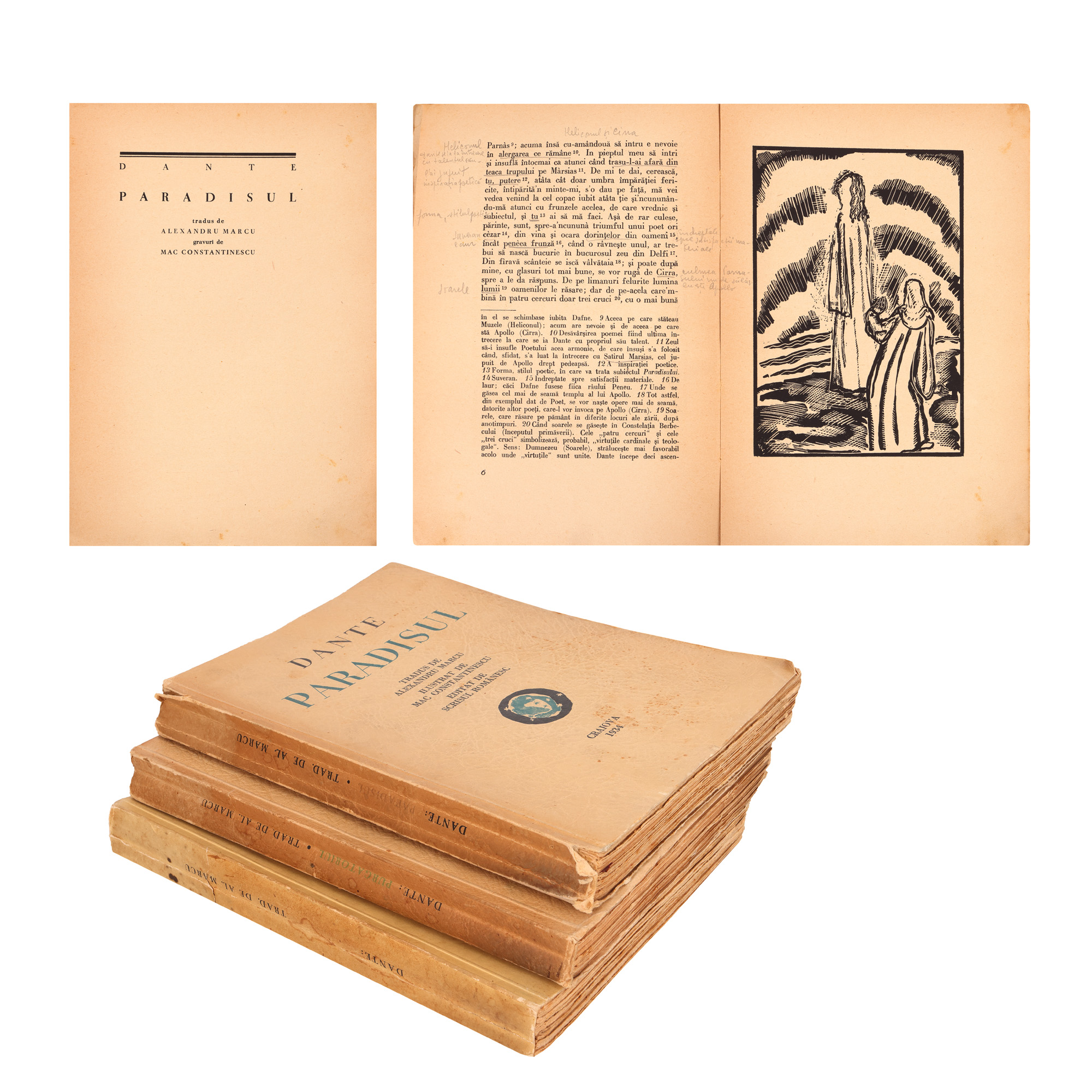 "Divine Comedy" by Dante Aligheri, three volumes, translated by Alexandru Marcu, Craiova, 1933, 1934, 1935, with illustrations by Mac Constantinescu, from the collection of the writer Pericle Martinescu.