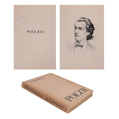 ”Poezii”, de Mihai Eminescu, ediție bibliofilă îngrijită de G. Ibrăileanu, cu ilustrații de Alexandru Brătescu-Voinești, Ramuri, Craiova, 1941, cu ex-librisul scriitorului Pericle Martinescu din a cărui colecție provine