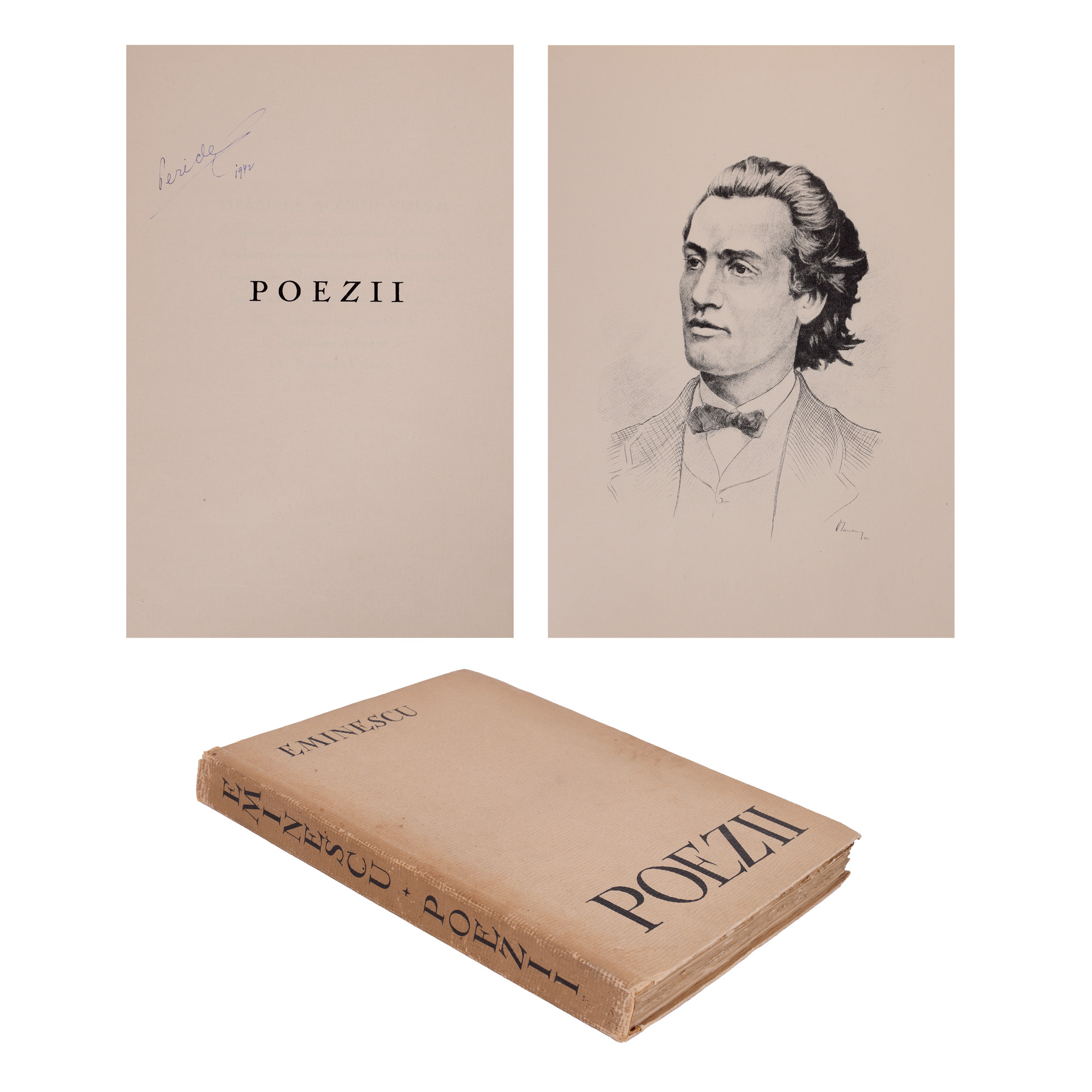"Poems" by Mihai Eminescu, bibliophile edition cared for by G. Ibrăileanu, with illustrations by Alexandru Brătescu-Voinești, Ramuri, Craiova, 1941, with the ex-libris of the writer Pericle Martinescu from whose collection it originates.