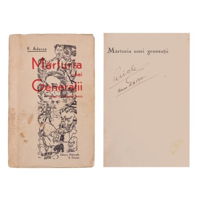 ''Testimony of a Generation'', by Felix Aderca, Bucharest, 1929, with portraits of Marcel Iancu and with the ex-libris of the writer Pericle Martinescu, from whose collection it originates