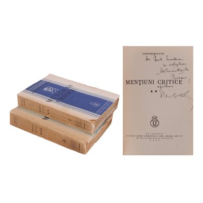 ”Mențiuni critice”, de Perpessicius, două volume, București, 1934, cu dedicație și semnătura olografe ale autorului, provine din colecția scriitorului Pericle Martinescu