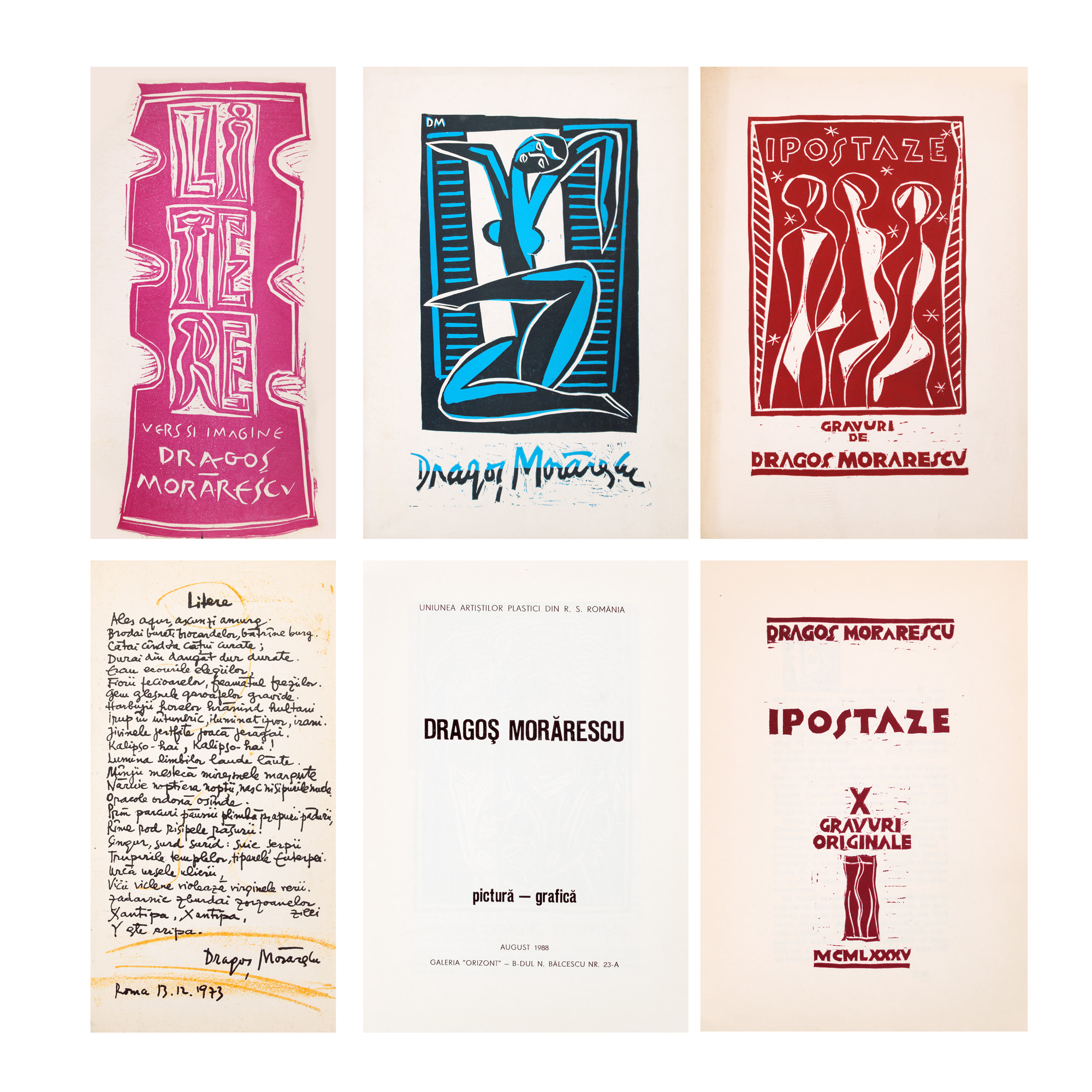 Lot format din ”Litere. Vers și imagine”, 1973, ”Ipostaze”, 1985, ”Catalog pictură-grafică”, 1988, de Dragos Morărescu, București, cu 24 de linogravuri originale, două desene originale realizate pentru Pericle Martines, și dedicație olografă, provin din colecția scriitorului Pericle Martinescu