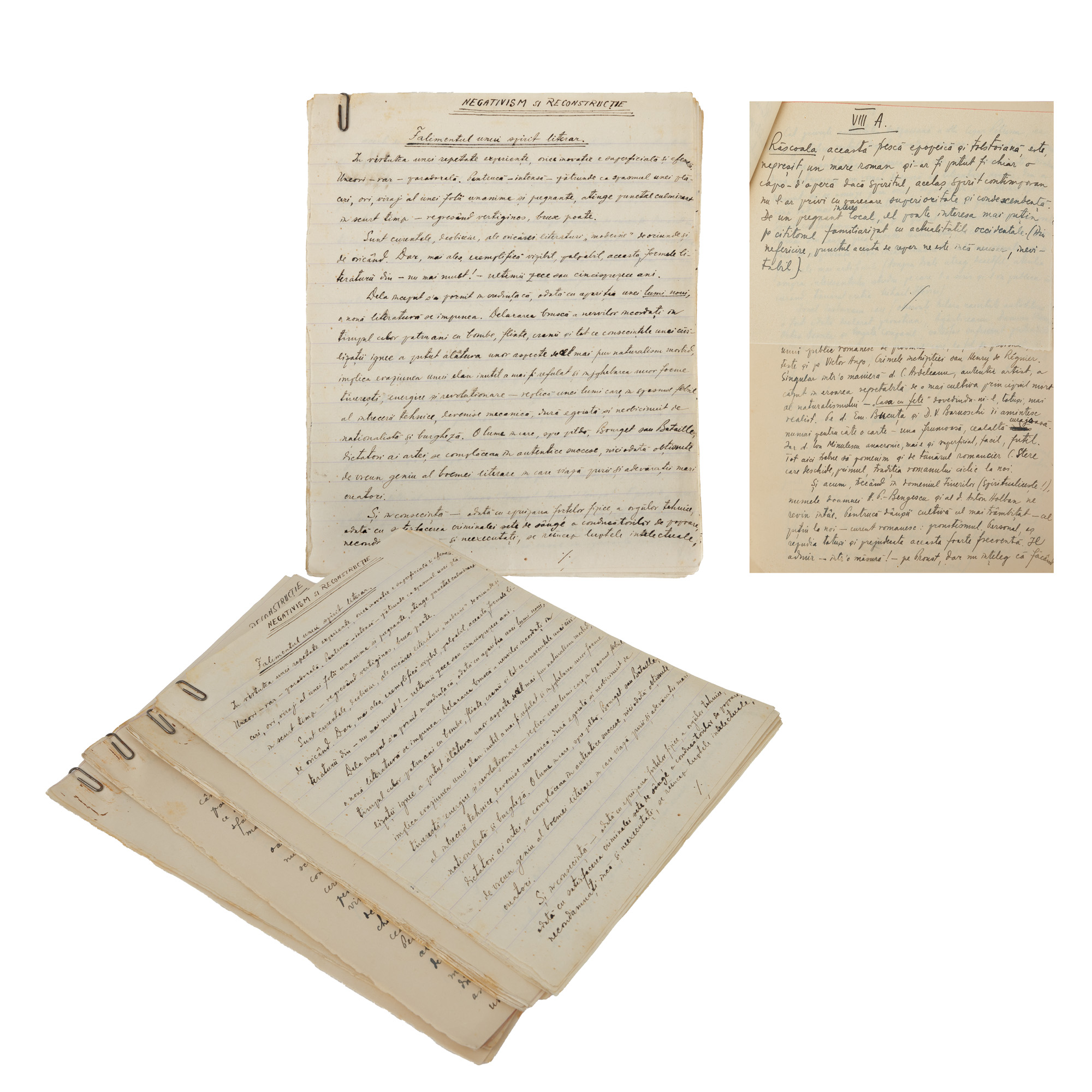 Extensive Manuscript "Negativism and Reconstruction", in four parts, by Pericle Martinescu, signed autograph, 1933 (46 pages)