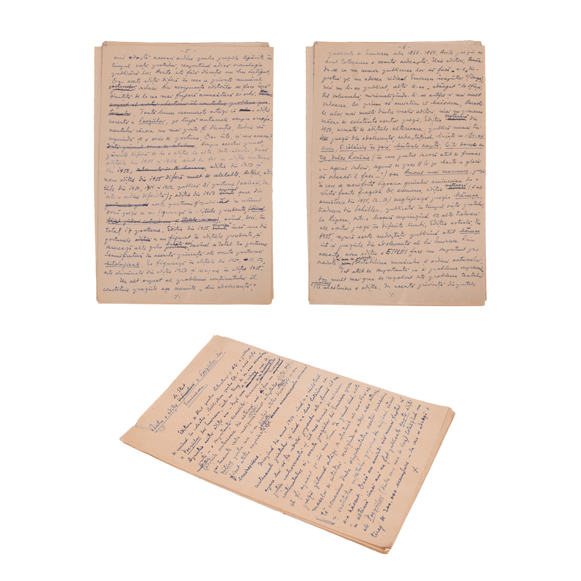 Manuscris ”Pentru o ediție de stat a Poeziilor lui Eminescu”, cu semnătura olografă a autorului Pericle Martinescu (14 file)